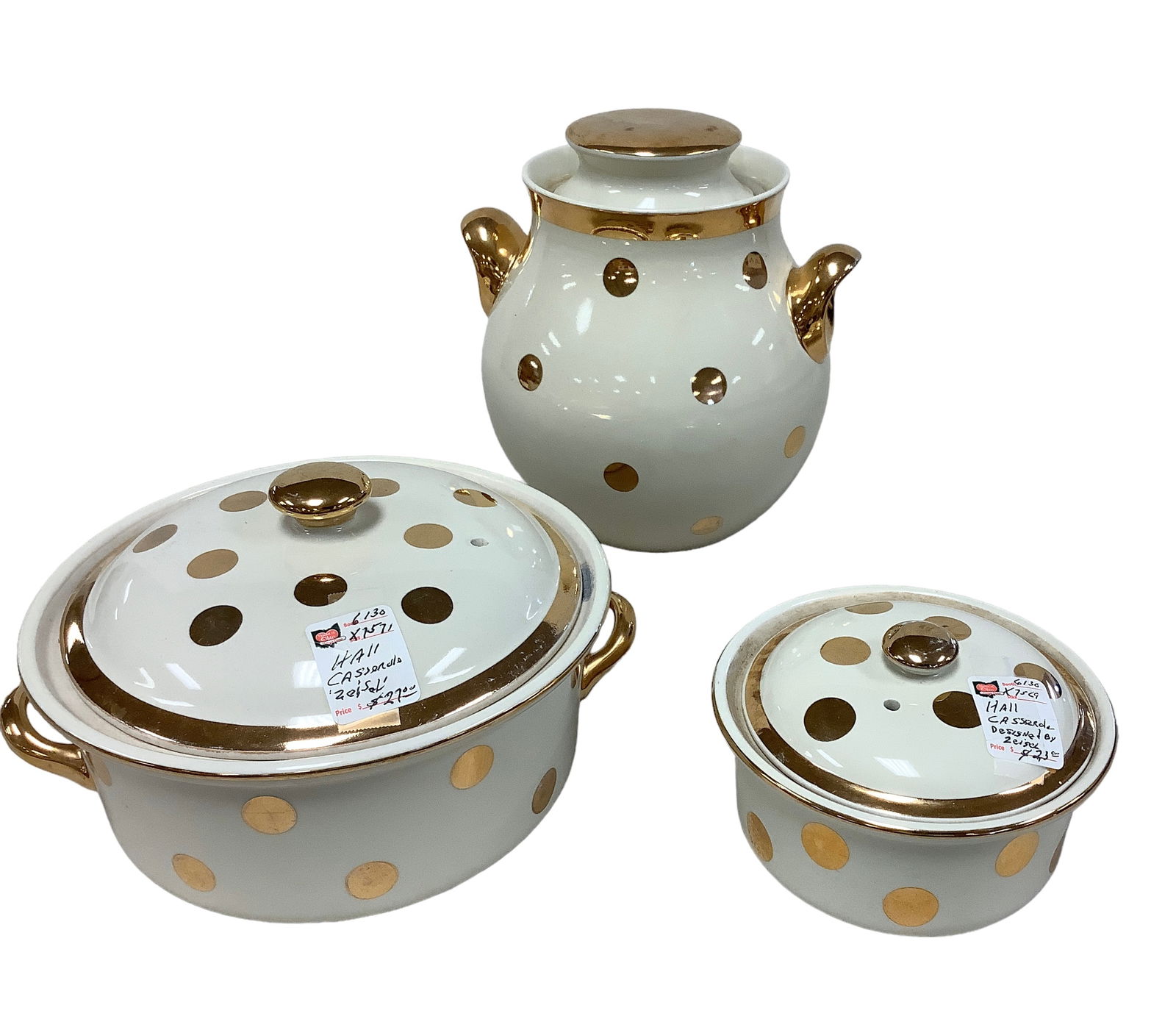 Hall Superior Pottery Zeisel Polka Dot Casseroles and Cookie Jar: Hall Superior Pottery Zeisel Polka Dot Casseroles and Cookie Jar Beautiful Hall Gold Polka Dot designed by Eva Zeisel - 6î and 9î covered casseroles. Cookie jar measures 8.5î tall. No c