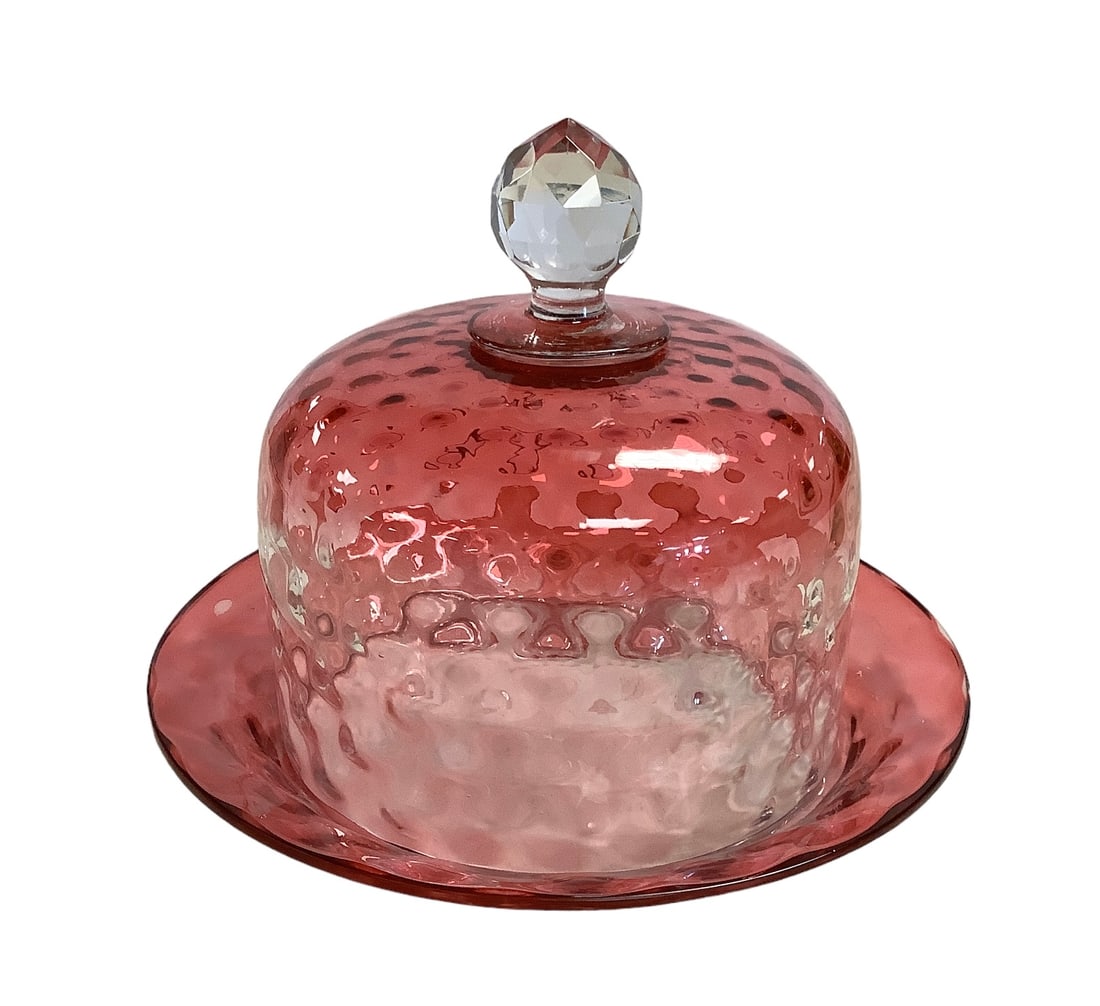 Vintage Cranberry Thumbprint Glass Covered Cheese Plate (1 of 1)
