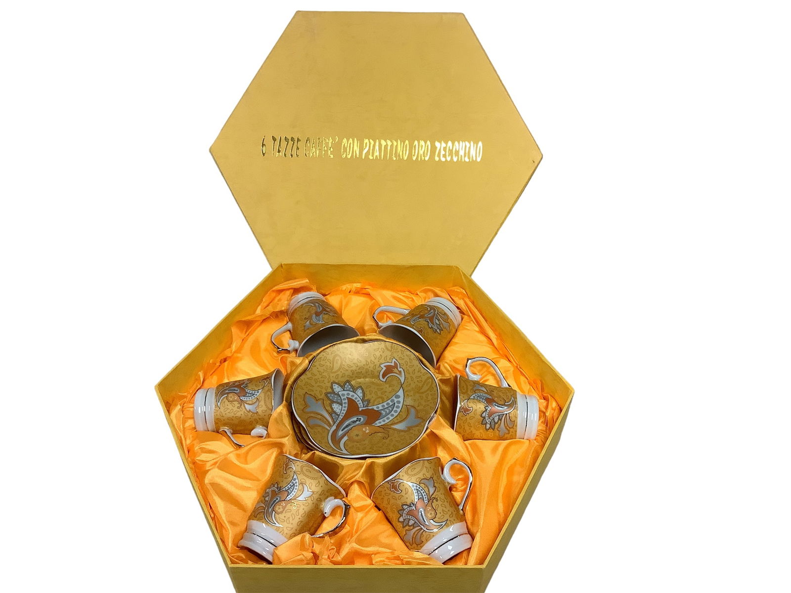 Coffee Cups with Zecchino Gold Saucers: Coffee Cups with Zecchino Gold Saucers (6) Porcelain Coffee Cups with Zecchino Gold Saucers, in Original Box