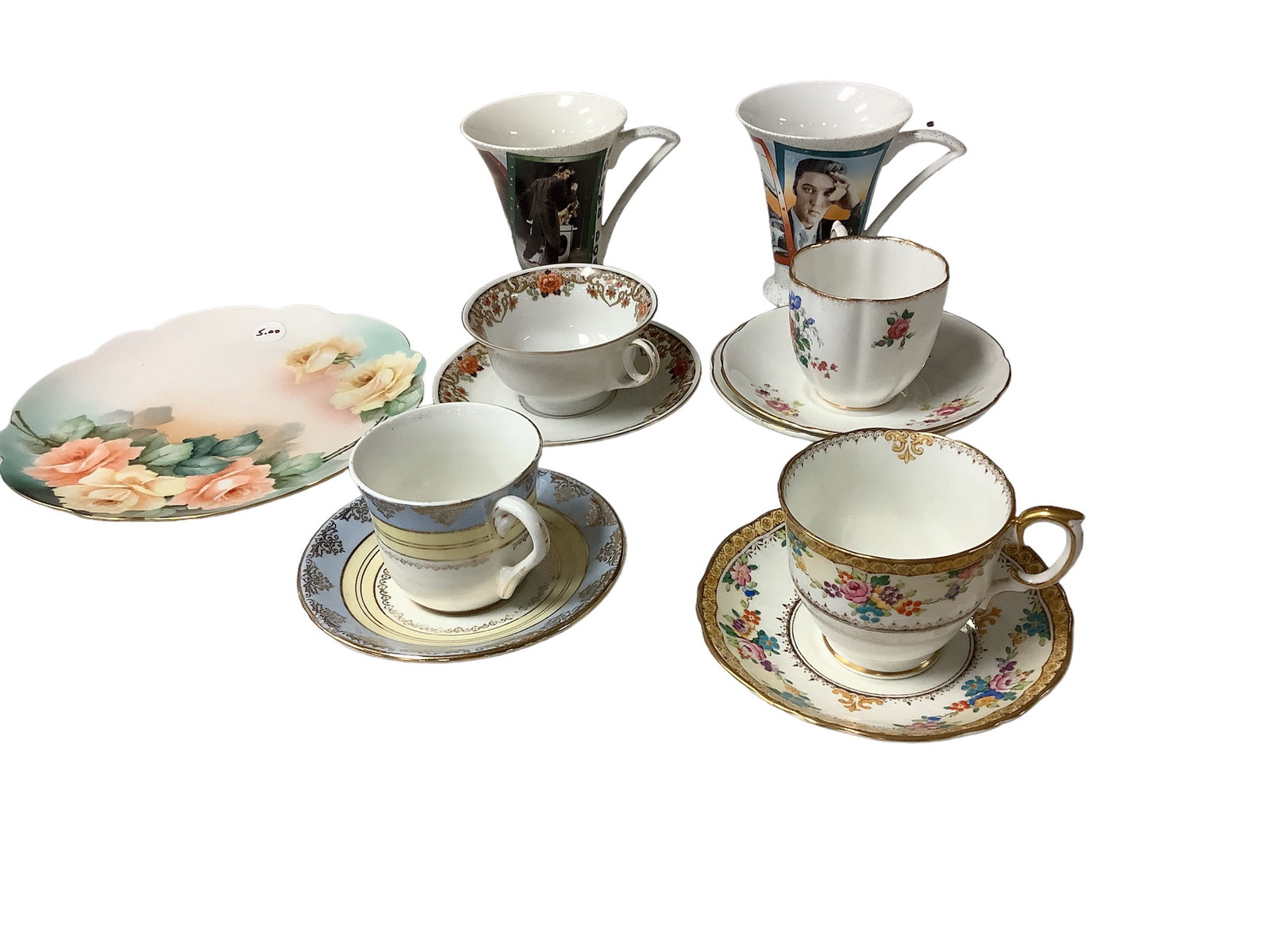 (4) China Cup and Saucers (2) Are Staffordshire. (2) Elvis Mugs. (1) porcelain plate.: (4) China Cup and Saucers (2) Are Staffordshire. (2) Elvis Mugs. (1) porcelain plate.