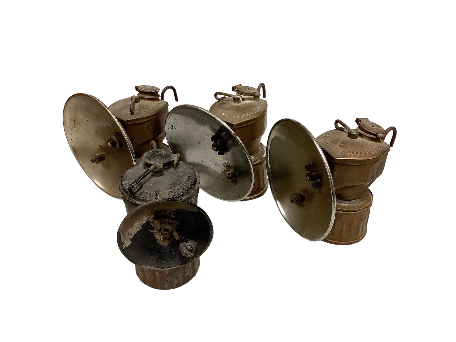 Antique Brass Minerís Head Lamps: Antique Brass Minerís Head Lamps Lot of 4. Includes 2 marked Justrite, (1) Guyís Dropper and (1) unmarked.