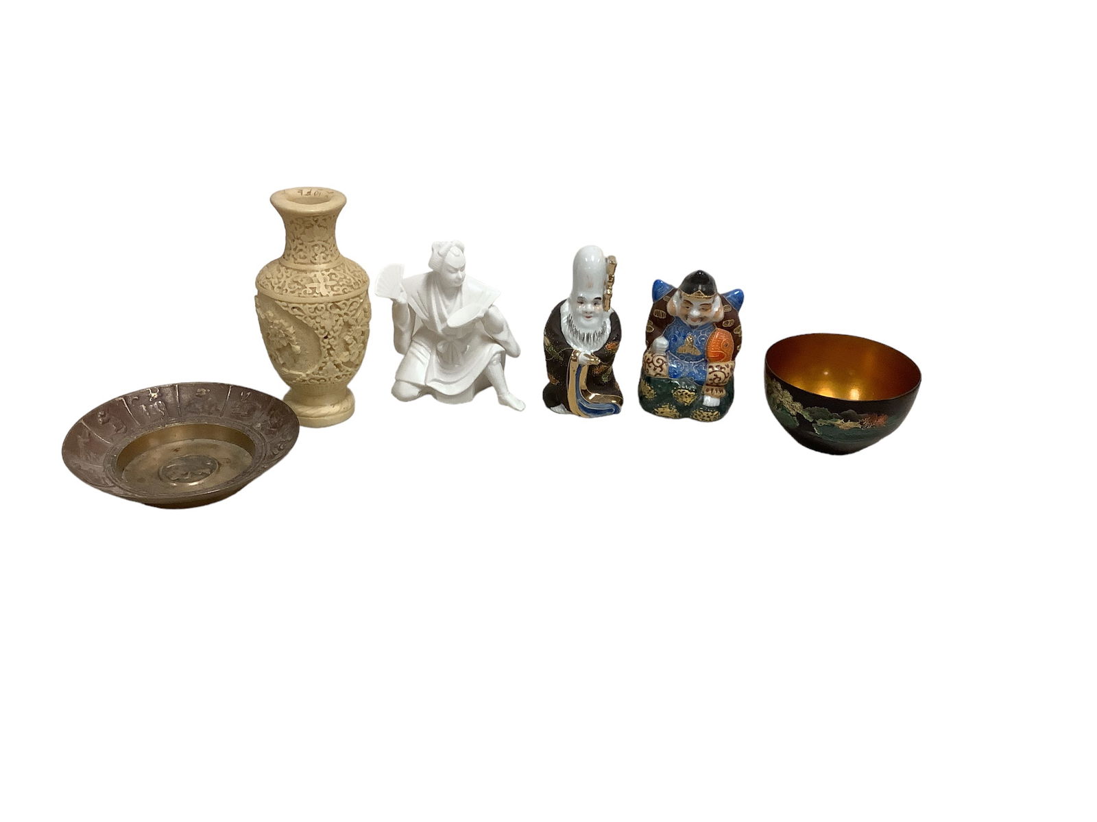 Items with Asian Motif: Items with Asian Motif Lot of 6. Includes a Chinese zodiac metal ashtray, made in Korea, an alabaster figurine, marked Lenwile China Ardalt Japan, a 7.25îH vase, made in Italy, a pair of porcelai
