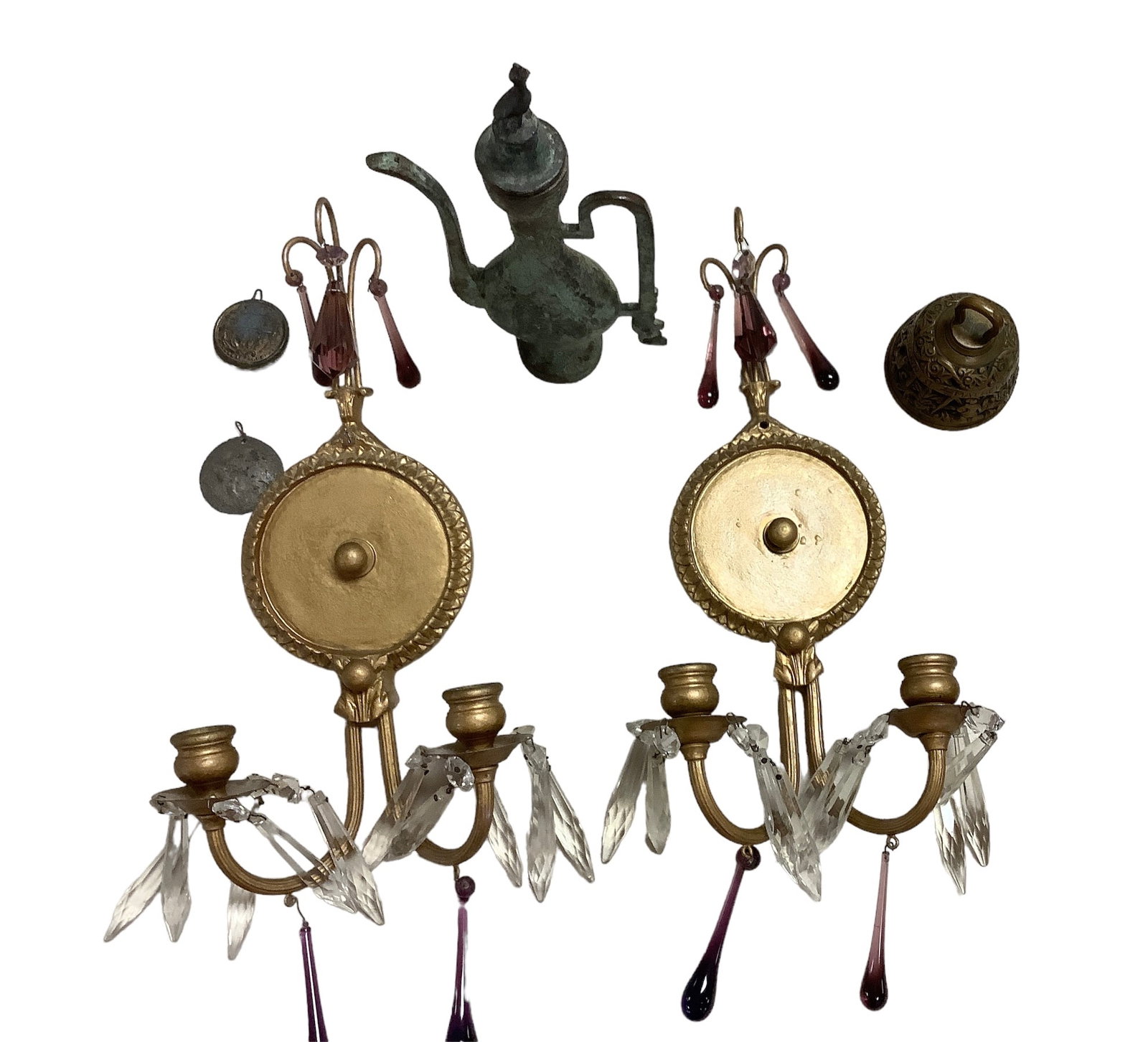 Brass and Crystal Candle Wall Sconces and Misc Brass Pieces (1 of 5)