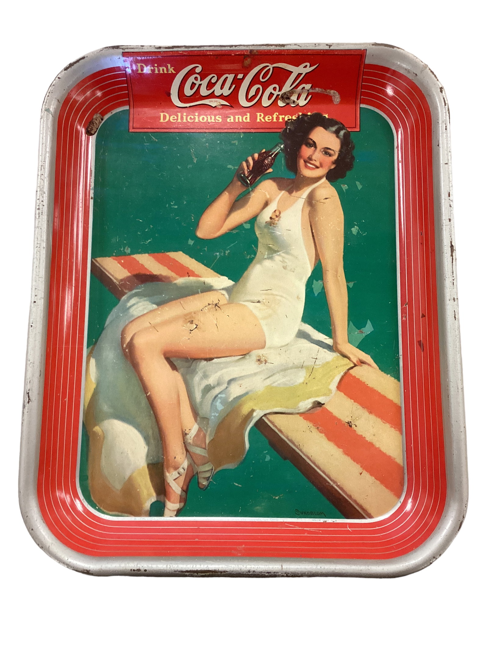 American Art Works Coca-Cola Tray circa 1939: American Art Works Coca-Cola Tray circa 1939 There are some scratches and a little missing paint. The tray measures 10 1/2î x 13 1/4î.