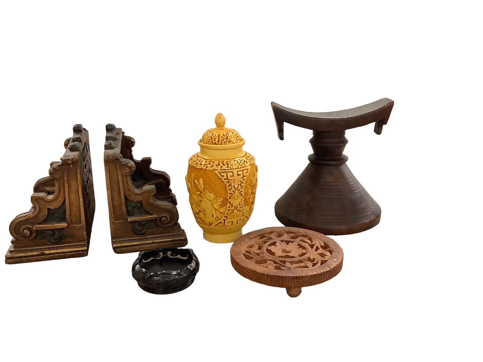 Lot of Asian Wooden Items and a Ginger Jar: Lot of Asian Wooden Items and a Ginger Jar Includes a pair of wooden bench bookends, 3.75îW x 7.25îL x 6îH, and a wooden head rest, 7îH. The ginger jar appears to be molded resin,