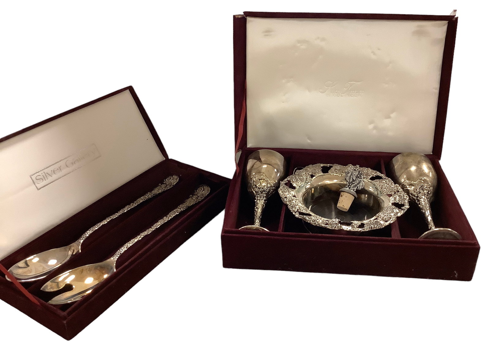 Godinger Silver-plated Goblet Set and Salad Servers: Godinger Silver-plated Goblet Set and Salad Servers Beautiful Godinger silver-plate goblets and wine bottle bowl with a pewter cork. Goblets measure 7.5î tall and bottle bowl is 7.5î across.