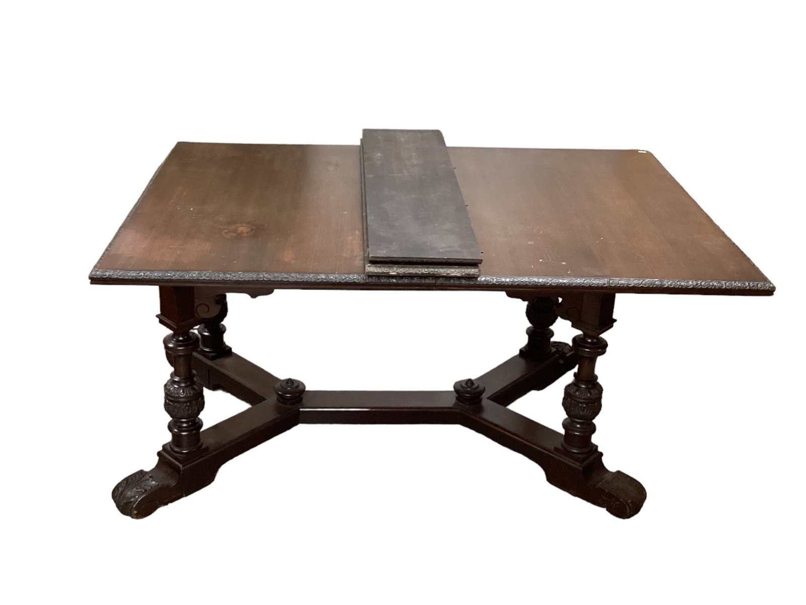 1920s Mahogany Extension Table: 1920s Mahogany Extension Table With highly carved base. 44î x 66î x 30.5î. With two 11î leaves.