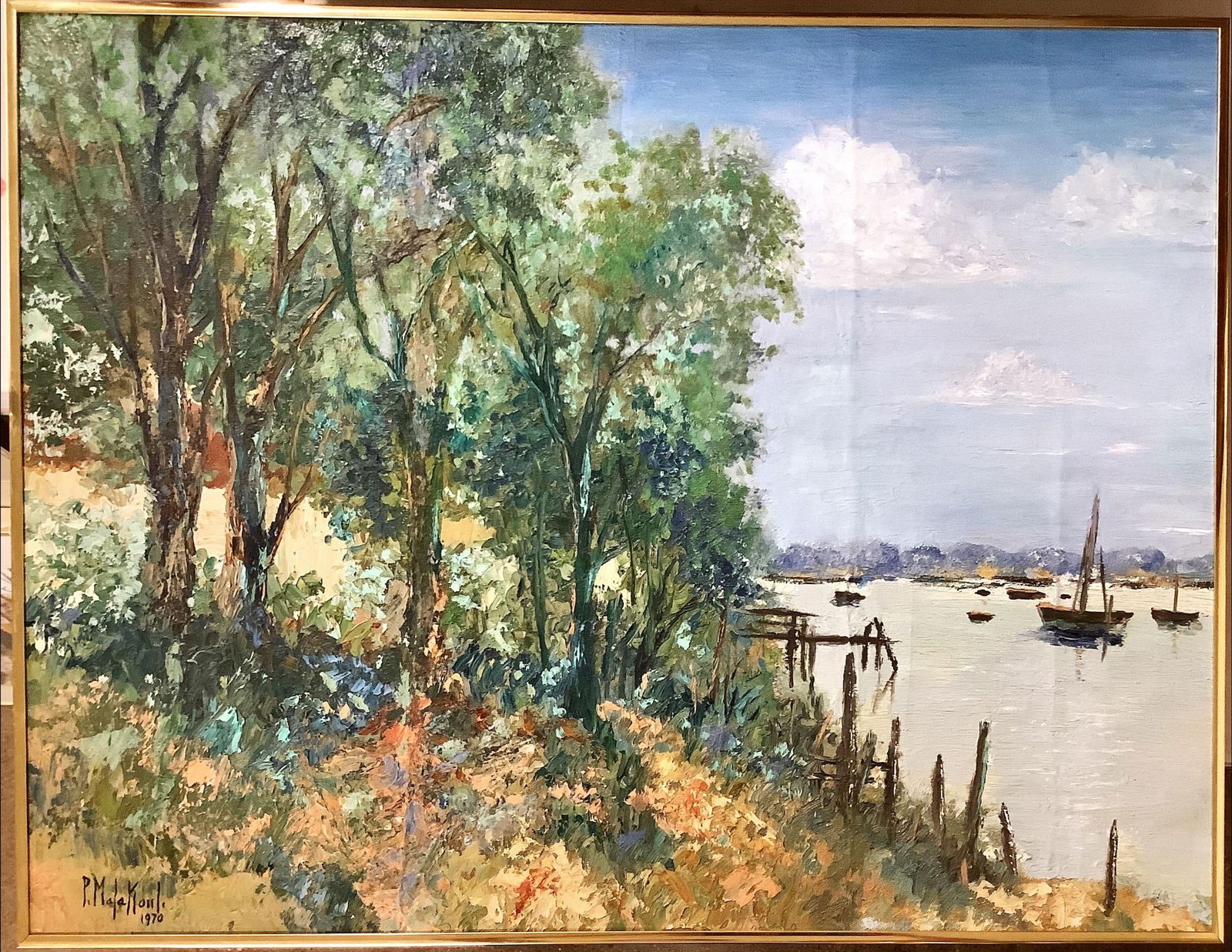 Signed Oil on Canvas, Landscape Scene: Signed Oil on Canvas, Landscape Scene Signed LL, P. Malakoul, 1970. It appears that the canvas was folded then mounted on board, 30îL x 22îH.