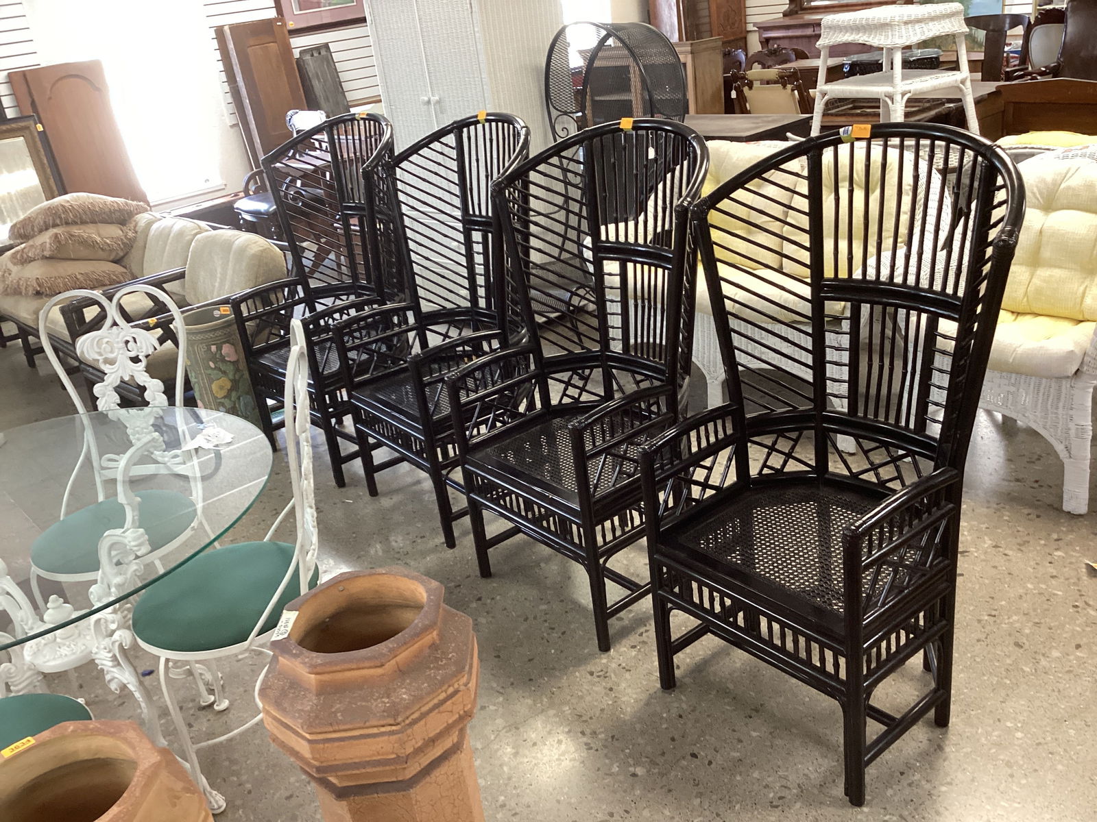 (4) Black Rattan And Bamboo High Back Patio Chairs (1 of 1)