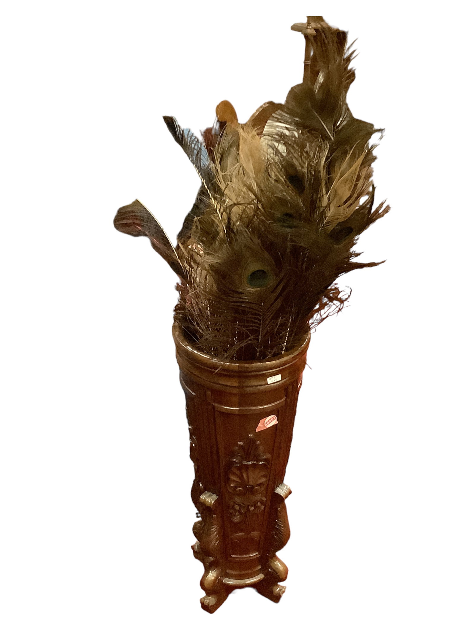 Carved Wooden Victorian Footed Umbrella Holder: Carved Wooden Victorian Footed Umbrella Holder With Peacock Feathers 26" tall.