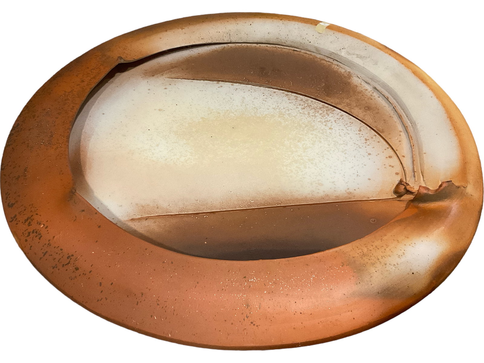 Neil Tetkowski Decorative Hanging Ceramic Sculpture: 37” diameter. Has a crack as pictured. Very heavy. No in-house shipping. 1 other small crack. Large crack does go through rim but not back of piece There is a wire wrapped all around deliberate