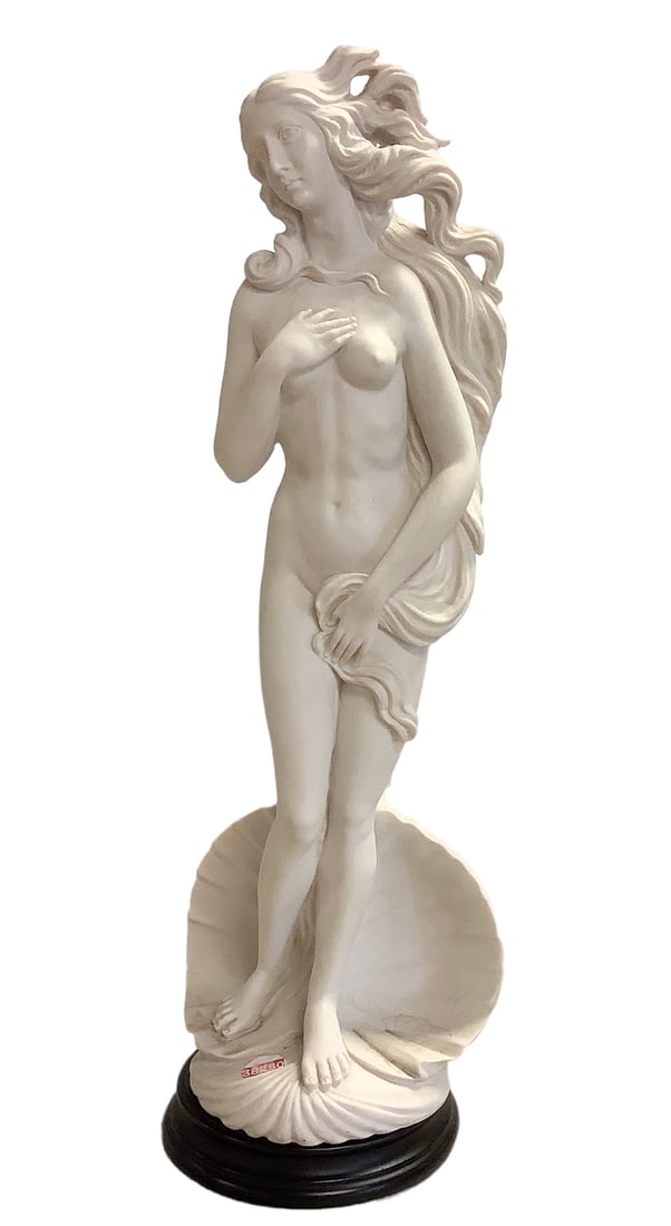 Alabaster Statue of Greek Goddess: Alabaster Statue of Greek Goddess Beautiful 23-inch tall white alabaster statue of a Greek goddess (Aphrodite or Venus?) emerging from a clam shell. Comes with a black wooden 1.5î pedestal. Signe