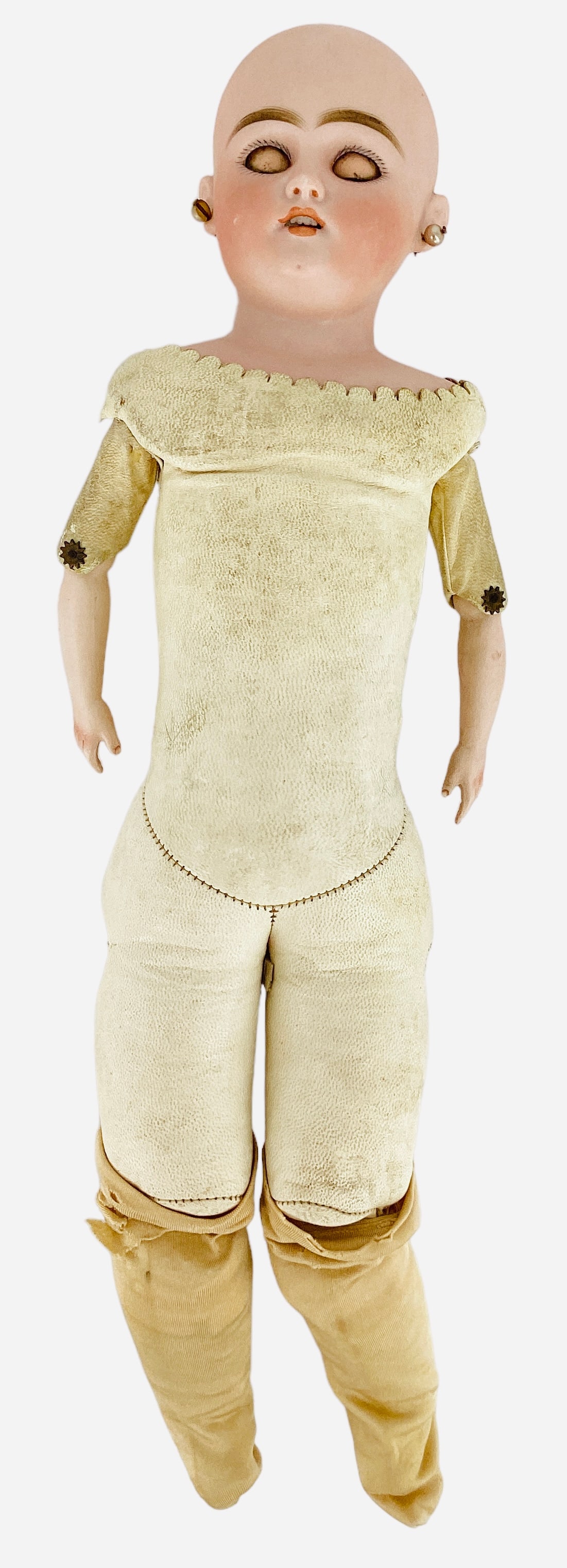 German bisque shoulder head girl.: German bisque shoulder head girl. 15 1/2" doll with mohair wig, glass sleep eyes, pierced ears, open mouth with teeth, gusseted kid body with bisque lower arms. Bisque has no apparent damage, minor ch