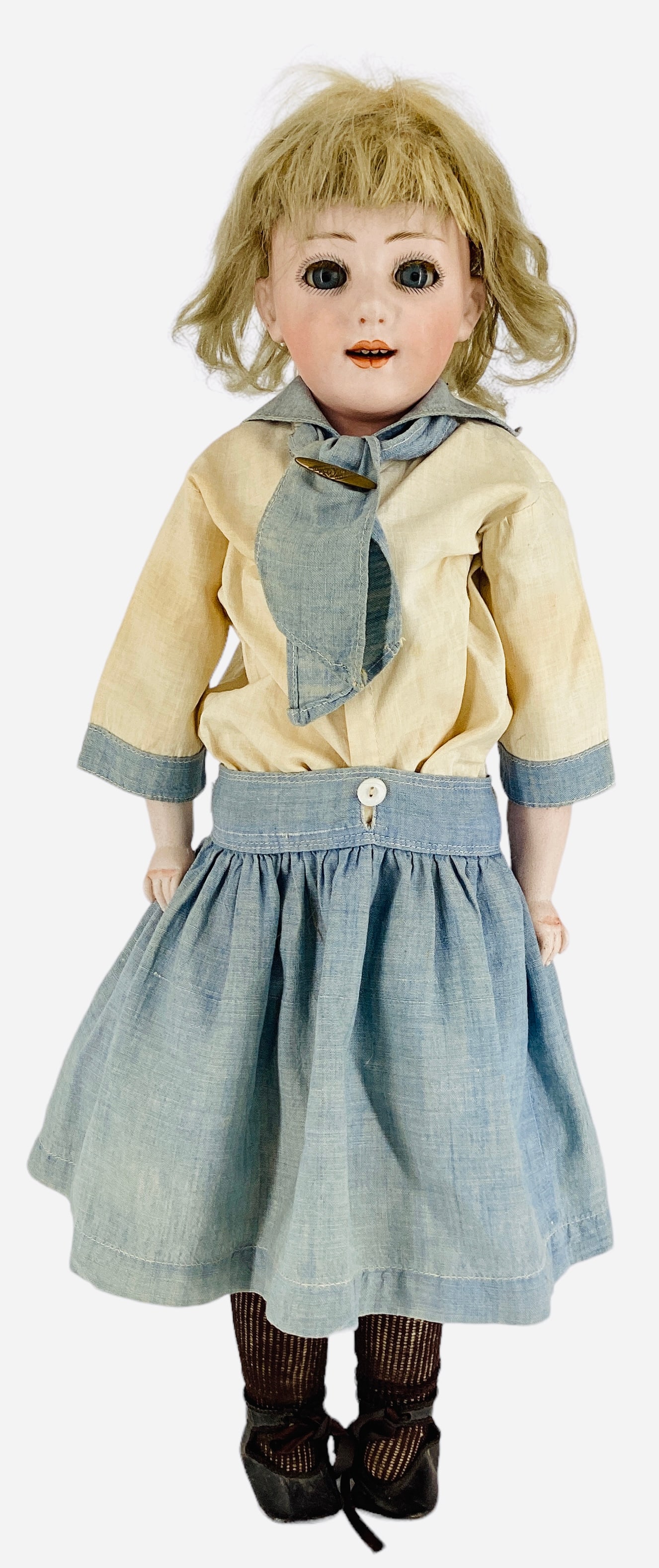 Gebruder Heubach bisque shoulder head character girl.: Gebruder Heubach bisque shoulder head character girl. 22" doll (sunburst mark) with mohair wig, glass sleep eyes with eyelashes, open smiling mouth with teeth, on rivet jointed kid body with bisque lo