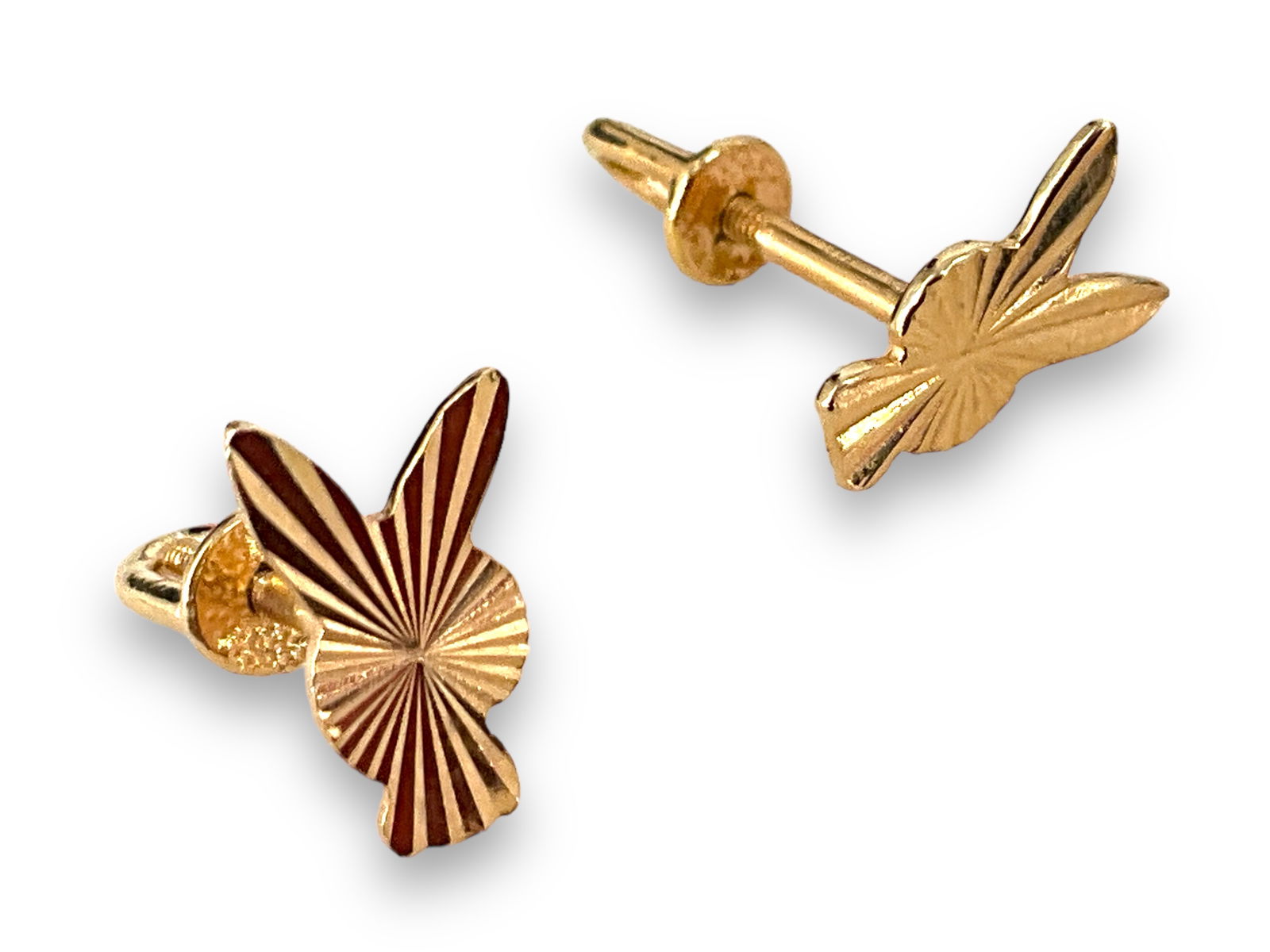 14kt Yellow Gold Post Screw-Back Earrings: 14kt Yellow Gold Post Screw-Back Earrings Featuring a playboy bunny like motif measuring (10.3mm) in height, stamped and tested (1.4 grams tw).