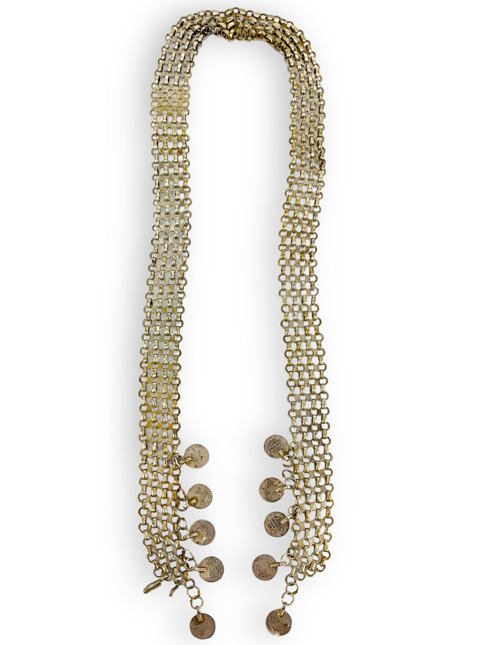 Silver-Tone Fashion Belt with Silver Coins: Silver-Tone Fashion Belt with Silver Coins Belt is made of silver-tone metal and is 1î wide and approx 32î long. Woven metal belt has 5 tested silver coins dangling from each end (10 total O