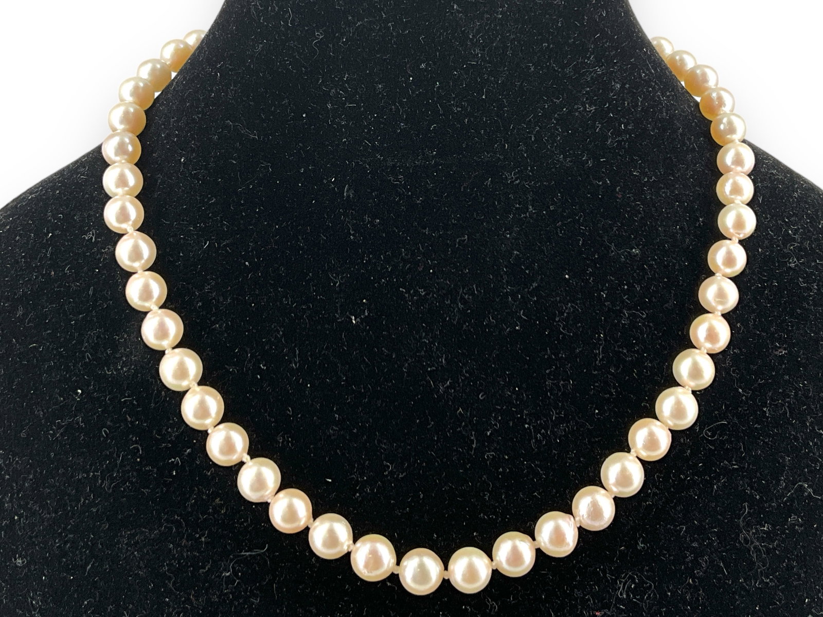 Pearl Necklace with 14kt Gold Clasp: Pearl Necklace with 14kt Gold Clasp 16" choker length, 7.25mm (approximate) pearl width, off-white pearls with peach hue, cultured pearls have excellent luster and acceptable nacre quality.