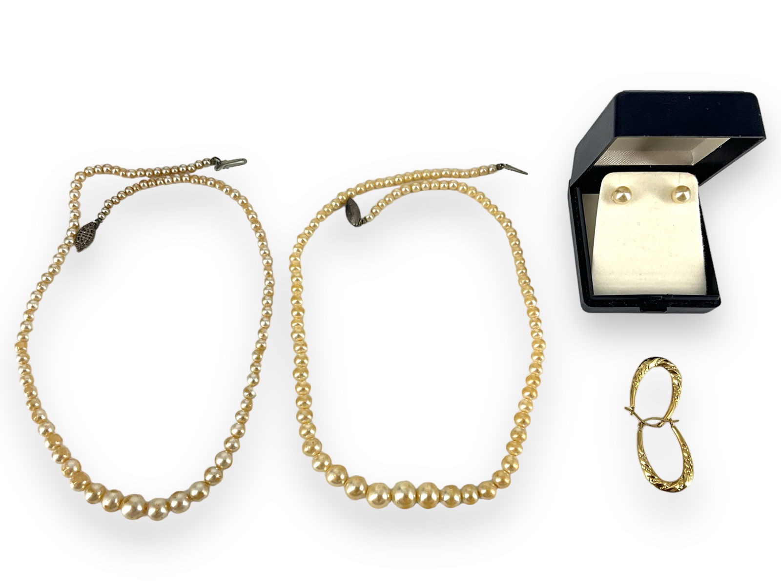 Two Vintage Faux Pearl Necklaces, Mallorca Pearl Earrings (In Original Box), and 14k Hoop Earrings (1 of 5)