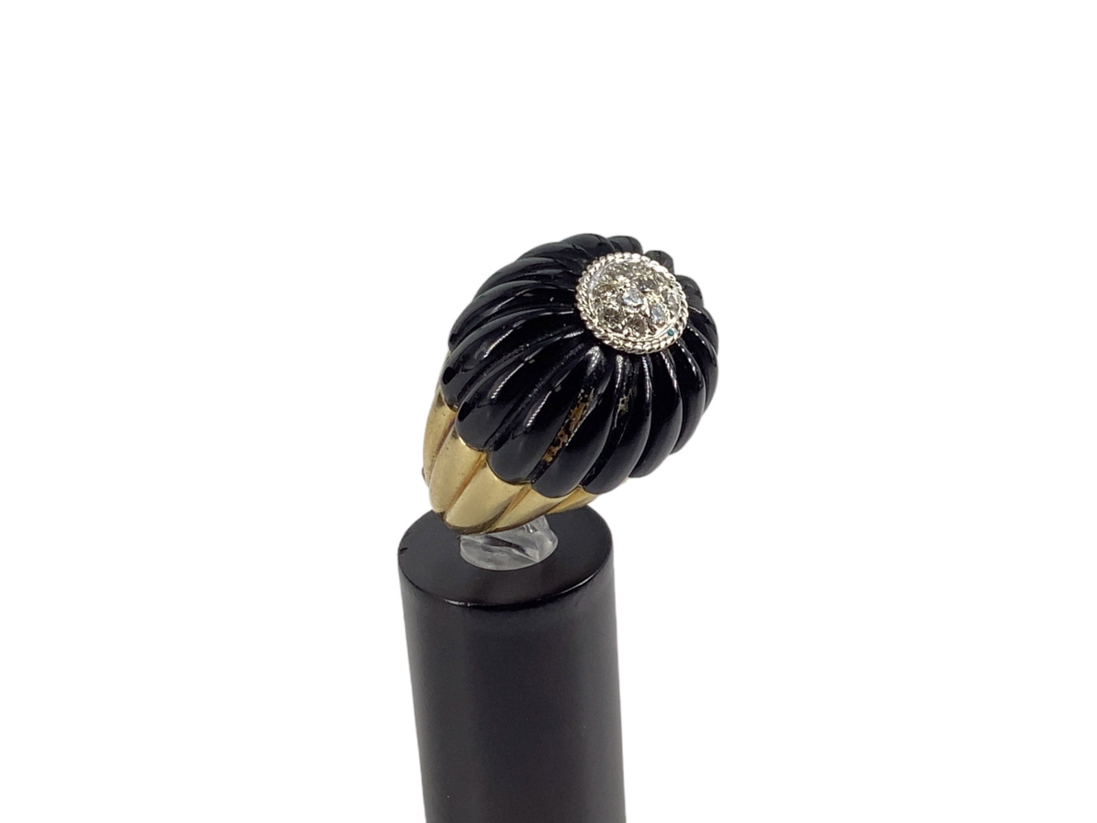 Designer Carved Onyx and Diamond Ring: Designer Carved Onyx and Diamond Ring Ring is hallmarked ìTLI 18kî and is likely by the jewelry maker Tishman and Lipp, Inc. Ring is also tested gold, has a scalloped onyx top and features a