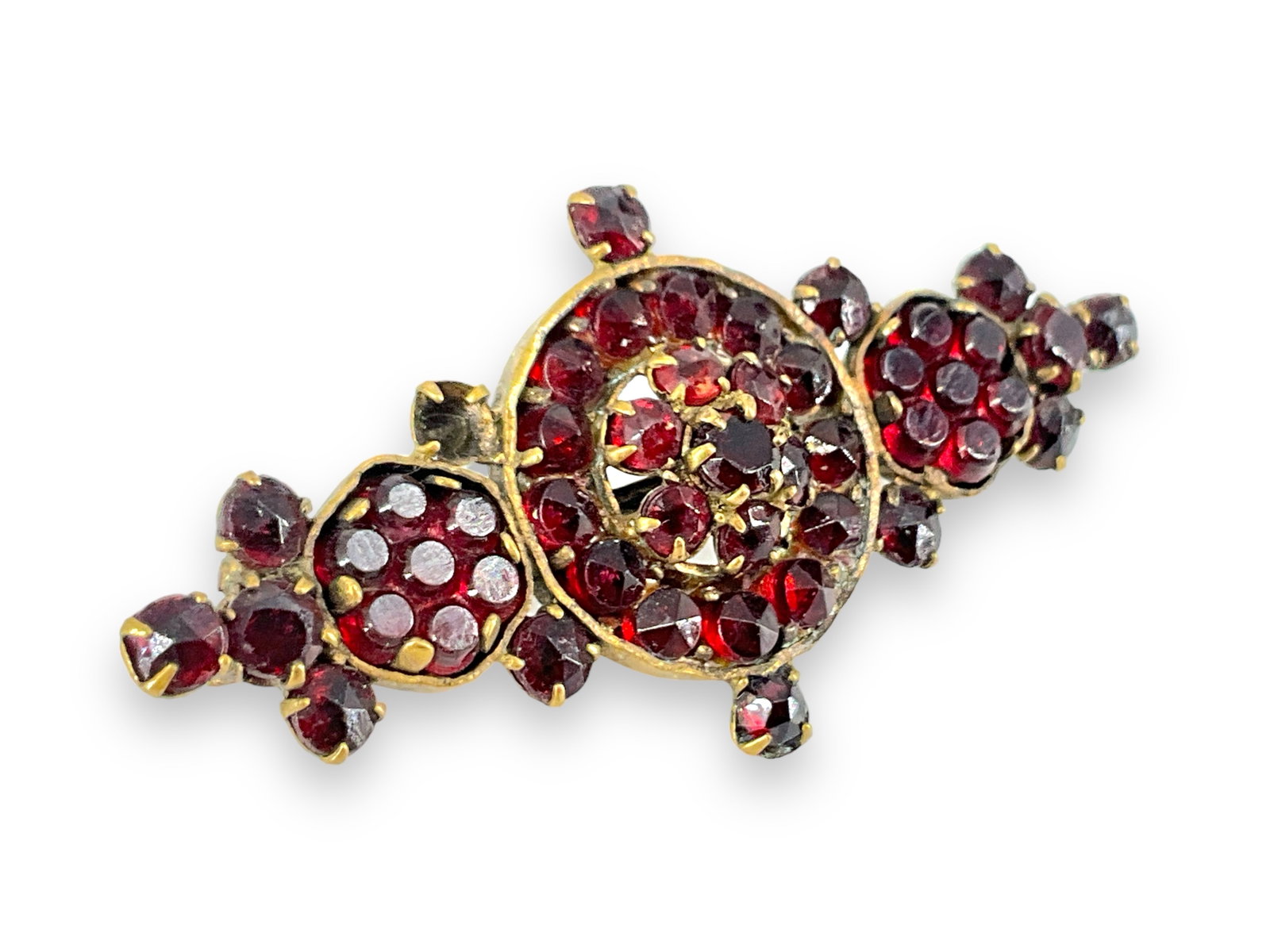 Victorian Gold-Filled Pin with Garnet Stones: Victorian Gold-Filled Pin with Garnet Stones 1.75" in length, no missing stones, antique age (Victorian), with single cuts and rose cuts (garnets).