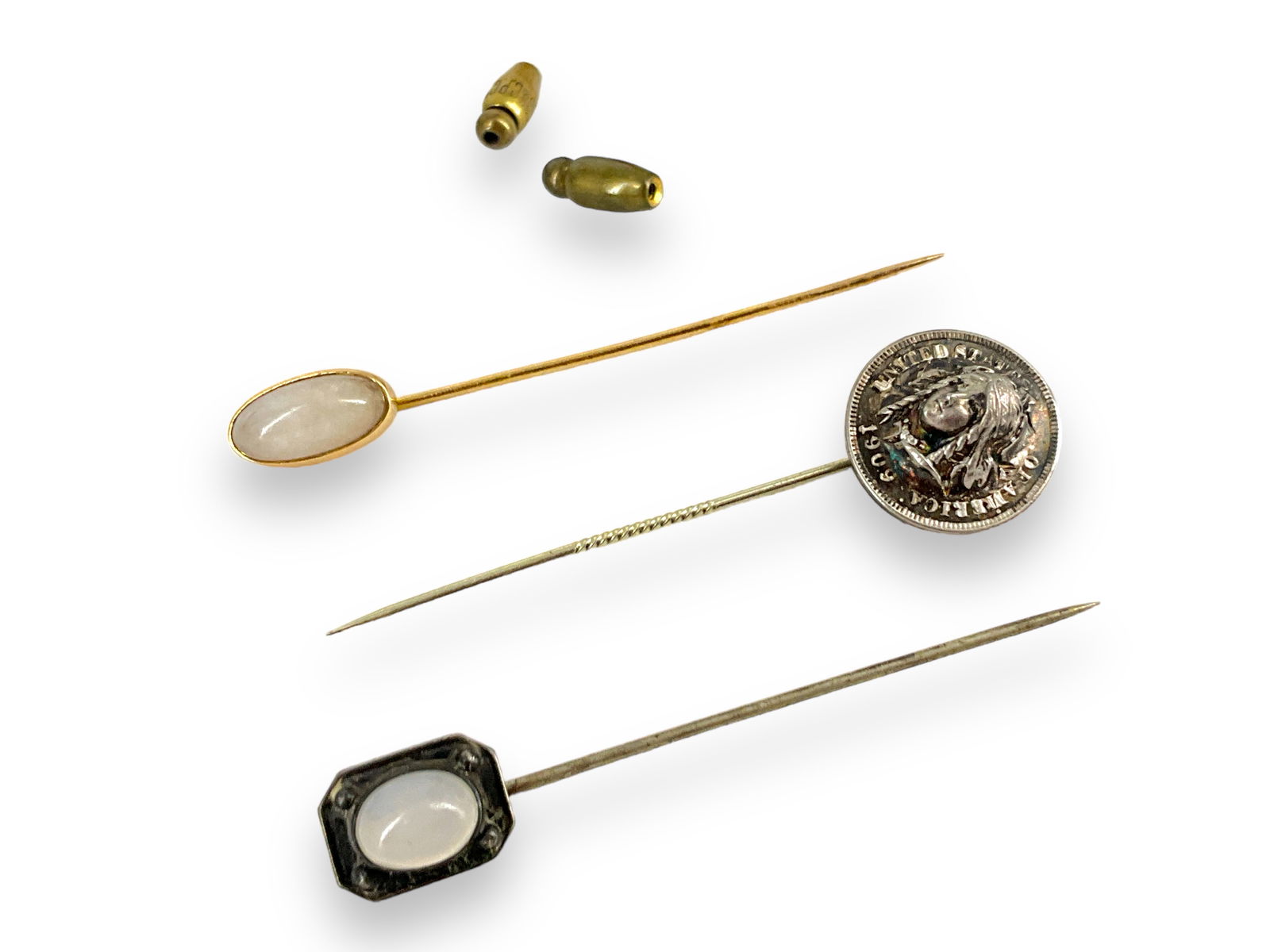 14k Moonstone Stickpin, Sterling Stickpin and Repousse Stickpin (1 of 4)