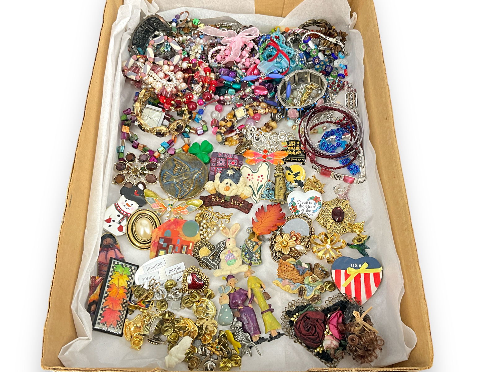 Enough Costume Bracelets for Forever, Multiple Whimsical and Other Pins!: Enough Costume Bracelets for Forever, Multiple Whimsical and Other Pins! Over 50 bracelets in the forms of beads, chains, several watches (not tested for working order), agate, faux pearls and more. T