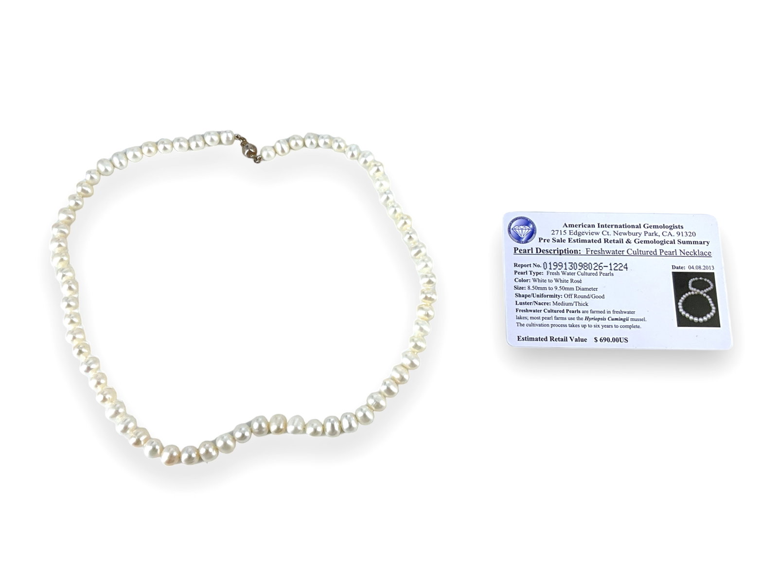 Freshwater Cultured Pearl Necklace with Certificate: Freshwater Cultured Pearl Necklace with Certificate 17" princess length, 8.5mm - 9.5mm diameter pearls (off-round shape - good uniformity), cultured pearls, white color with rose hue, medium luster/th