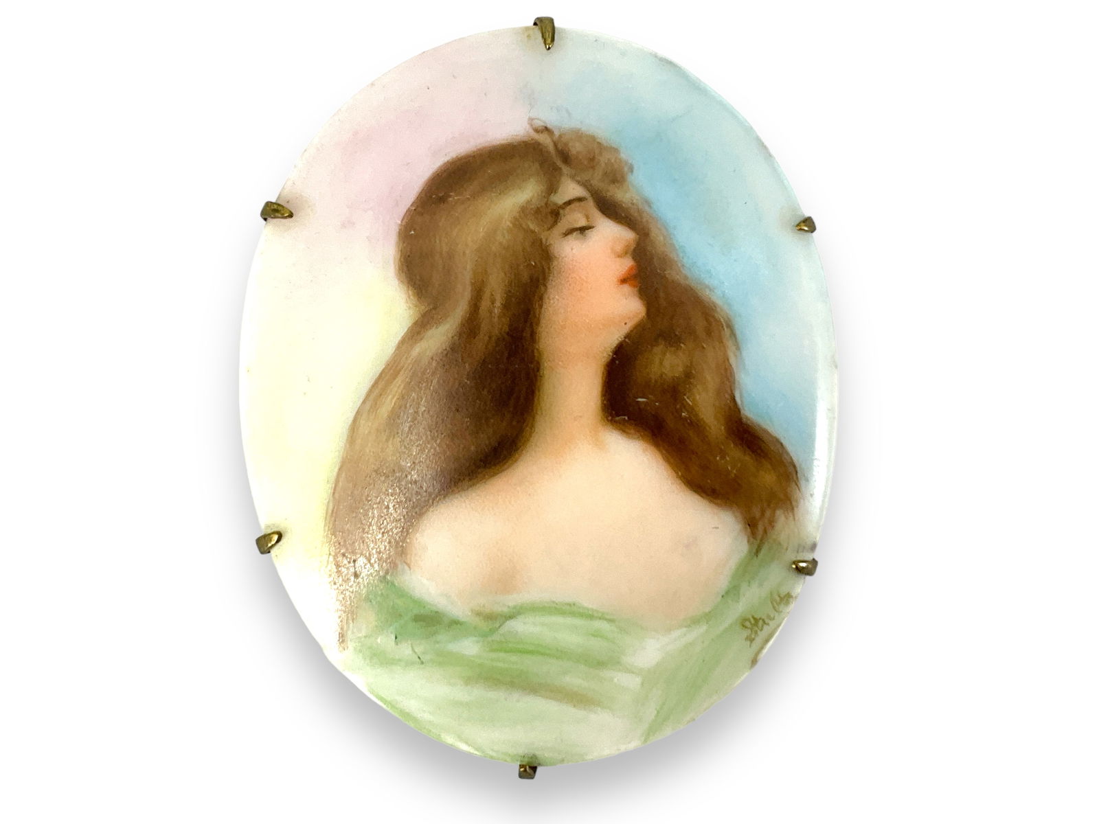Hand-Painted Porcelain Portrait Pin - Antique (1 of 3)