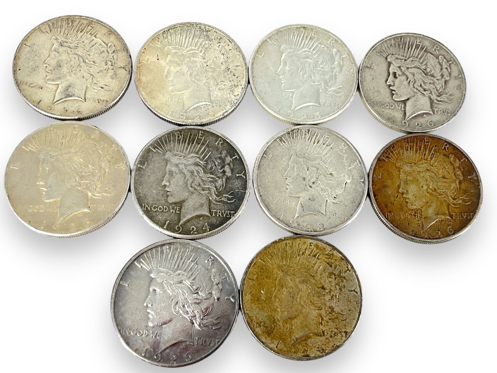 Ten U.S. Silver Peace Dollar Coins (1 of 3)