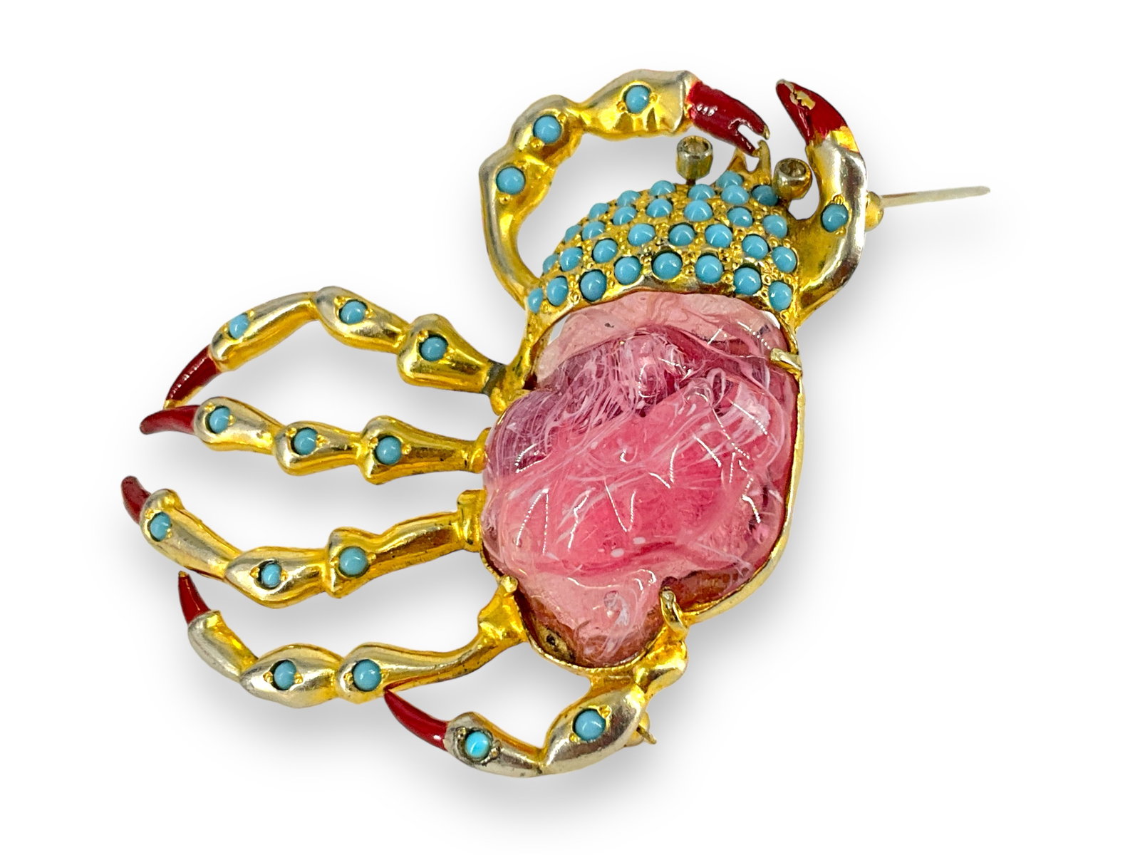 Fantastic Hattie Carnegie Pink Gripoix Bellied Jeweled Crab Brooch: Fantastic Hattie Carnegie Pink Gripoix Bellied Jeweled Crab Brooch Gold tone pin measuring (approx. 2.5î x 2.5î) rare piece with a man made transparent body with turquoise colored beads, cle