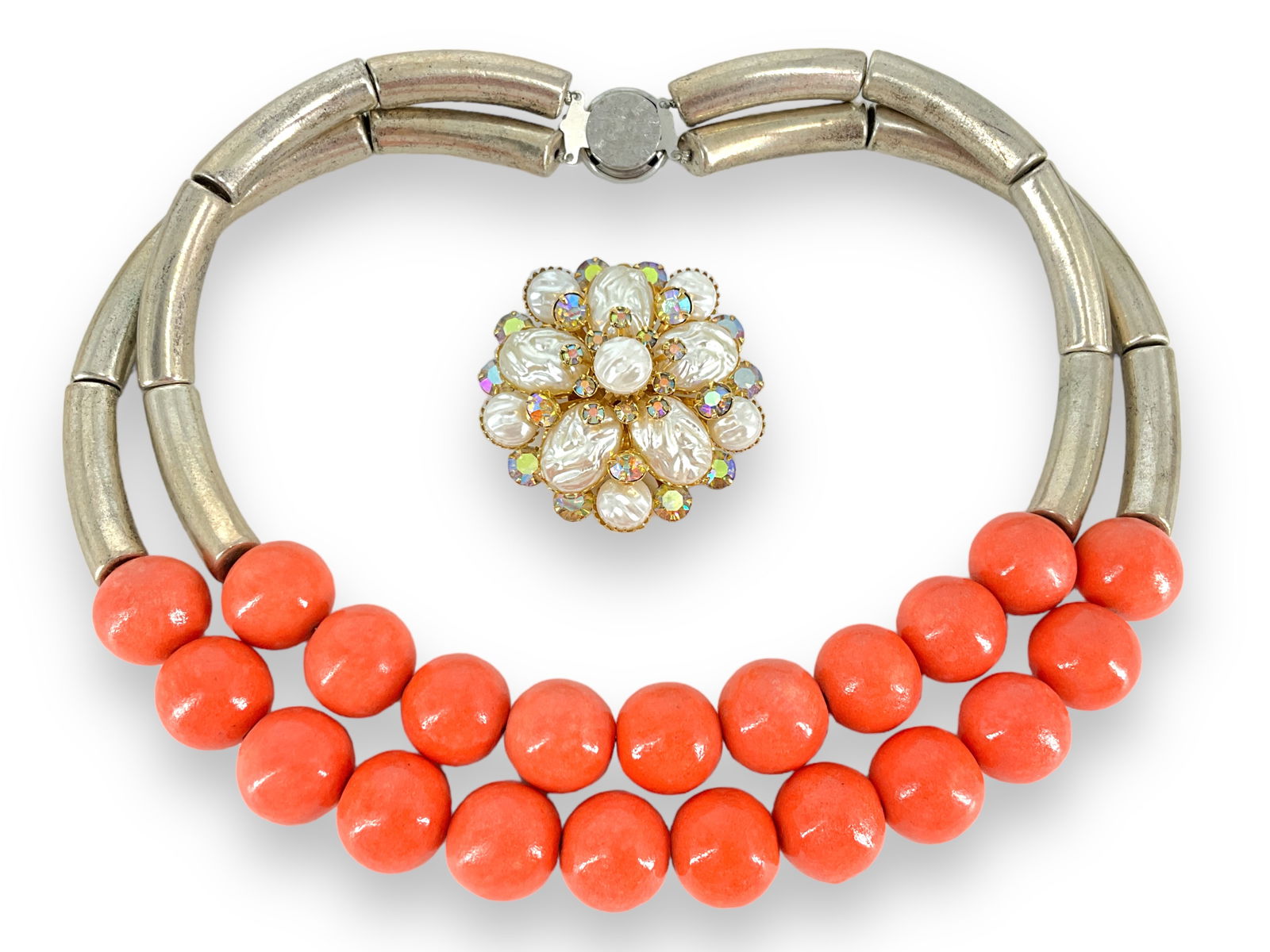 Bold, Orange Bead Necklace and Lovely, Faux Pearl & Iridescent Crystal Brooch (1 of 5)