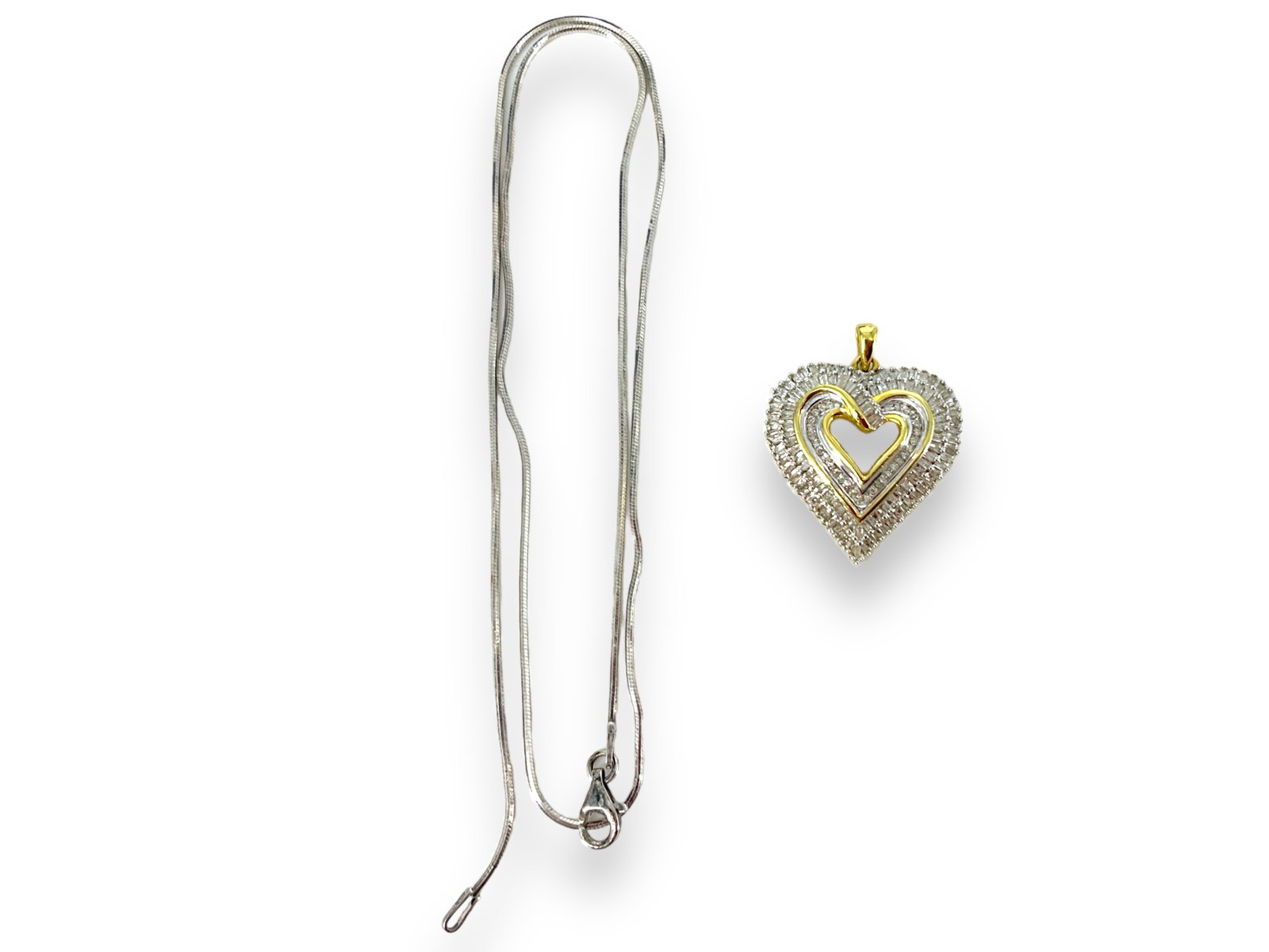 Gold Over Silver Diamond Heart Pendant and Silver Snake Chain: Gold Over Silver Diamond Heart Pendant and Silver Snake Chain Heart pendant is approx 1 1/4î tall, is stamped ì.925î and tests silver (piece is gold washed), has multiple round and bagu
