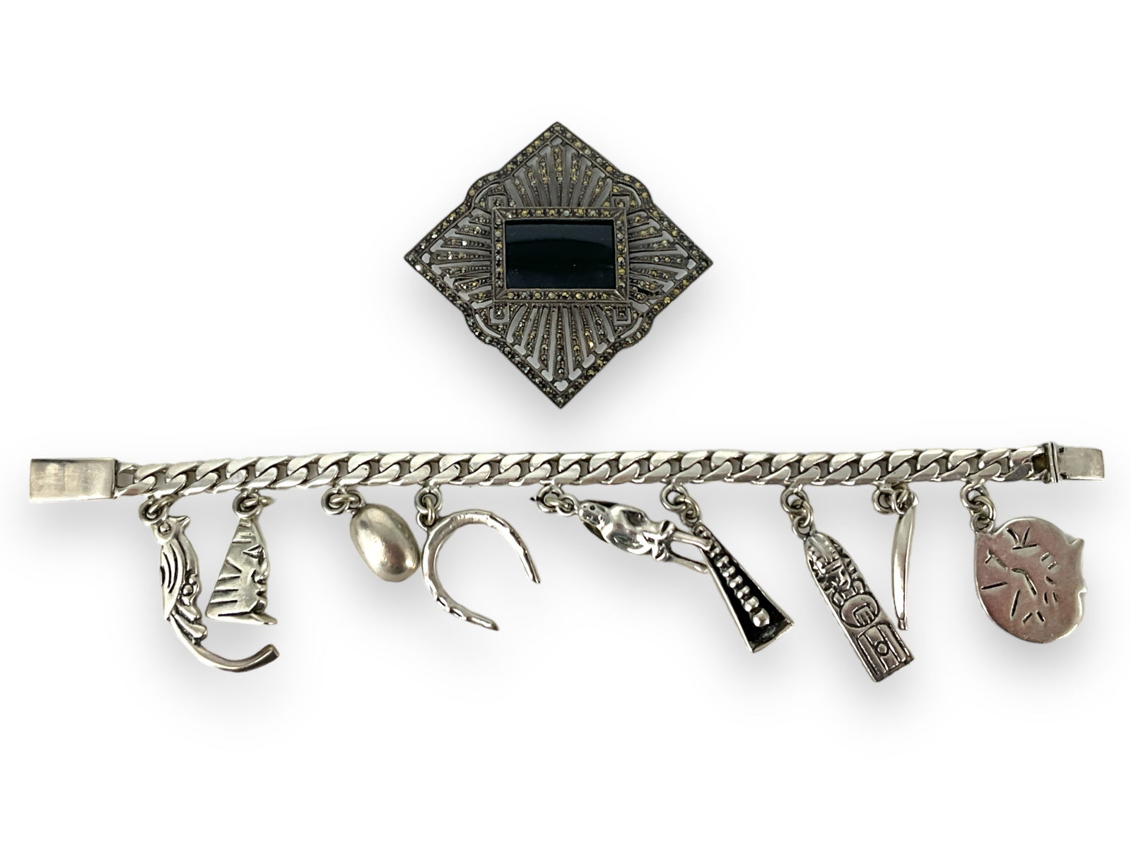 Mexican Silver Charm Bracelet and Delicate Onyx w/Marcasite Pin (1 of 6)