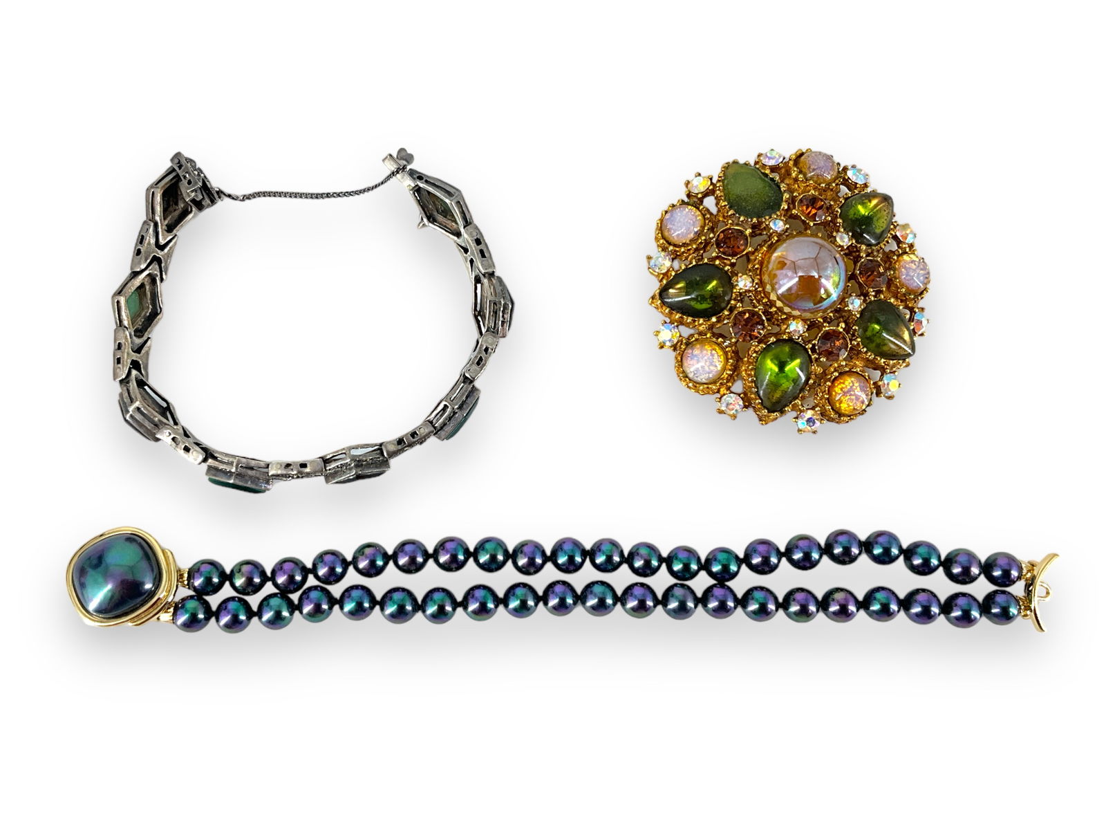 Marcasite & Agate Silver Bracelet, Dark Pearl Bracelet, Pretty Fall Crystal Brooch (1 of 7)