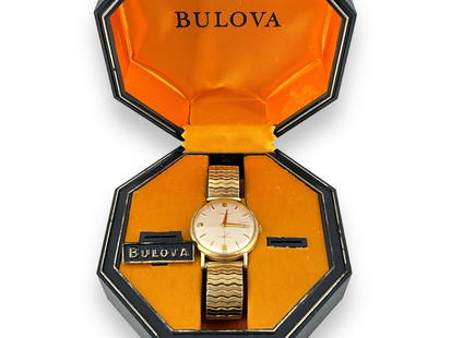 Bulova Vintage Wrist Watch in Original Box - No Papers: Bulova Vintage Wrist Watch in Original Box - No Papers Winds, sets and runs at time of listing. Mechanical movement, gold-filled caps on stretch band, Swiss made movement, 28.75mm off-white dial with