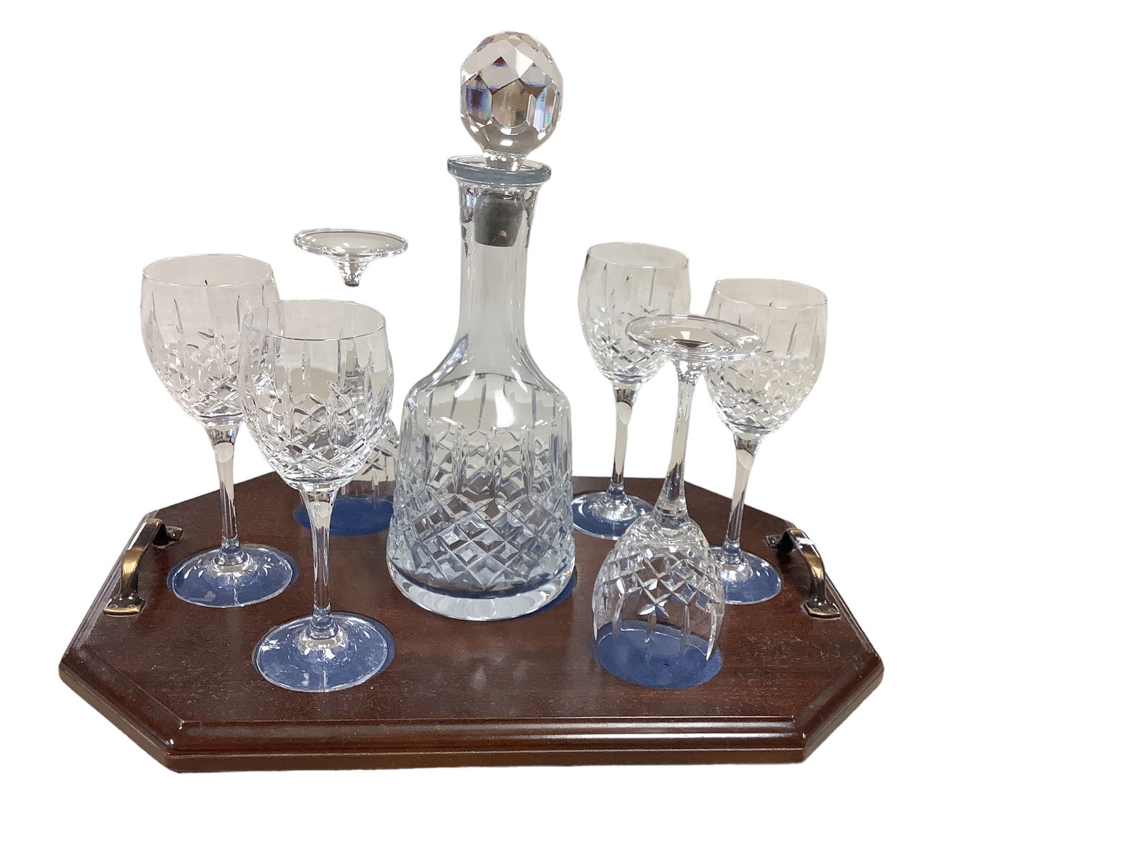 Waterford Crystal Decanter with 6 Glasses on Wooden Serving Tray (1 of 1)