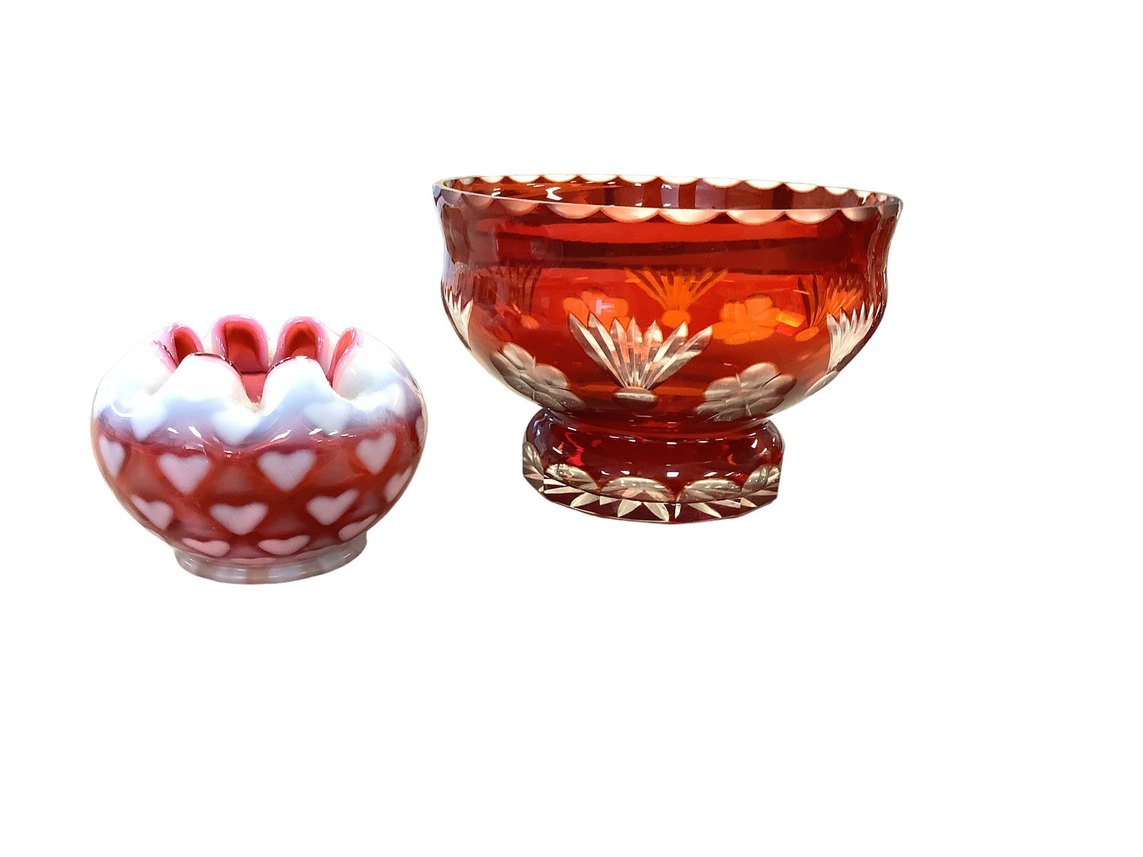 Fenton Cranberry Heart Crimped Edge Rose Bowl & Ruby Red Cut to Clear Footed Bowl (1 of 1)