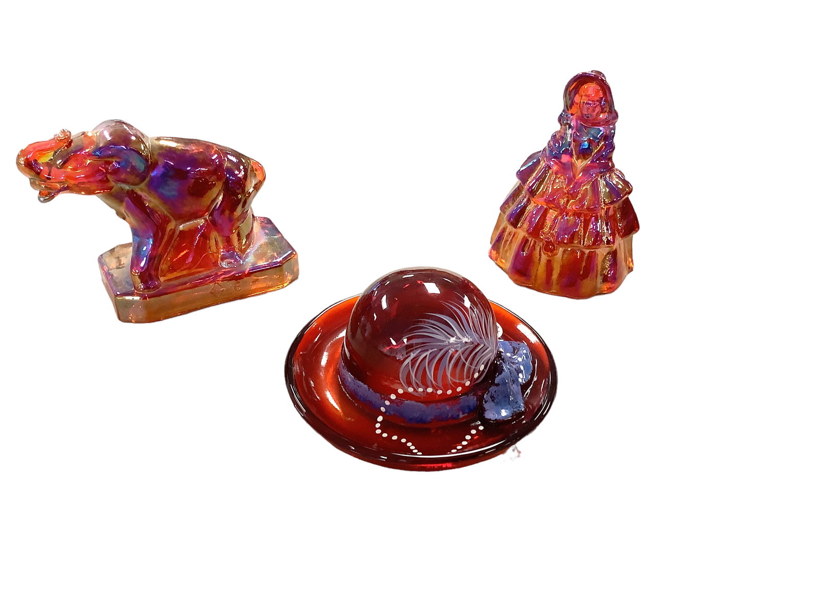 Fenton 100th Anniversary Red Hat with Purple Bow and Boyd Carnival Glass Elephant & Louise Bell Girl (1 of 2)