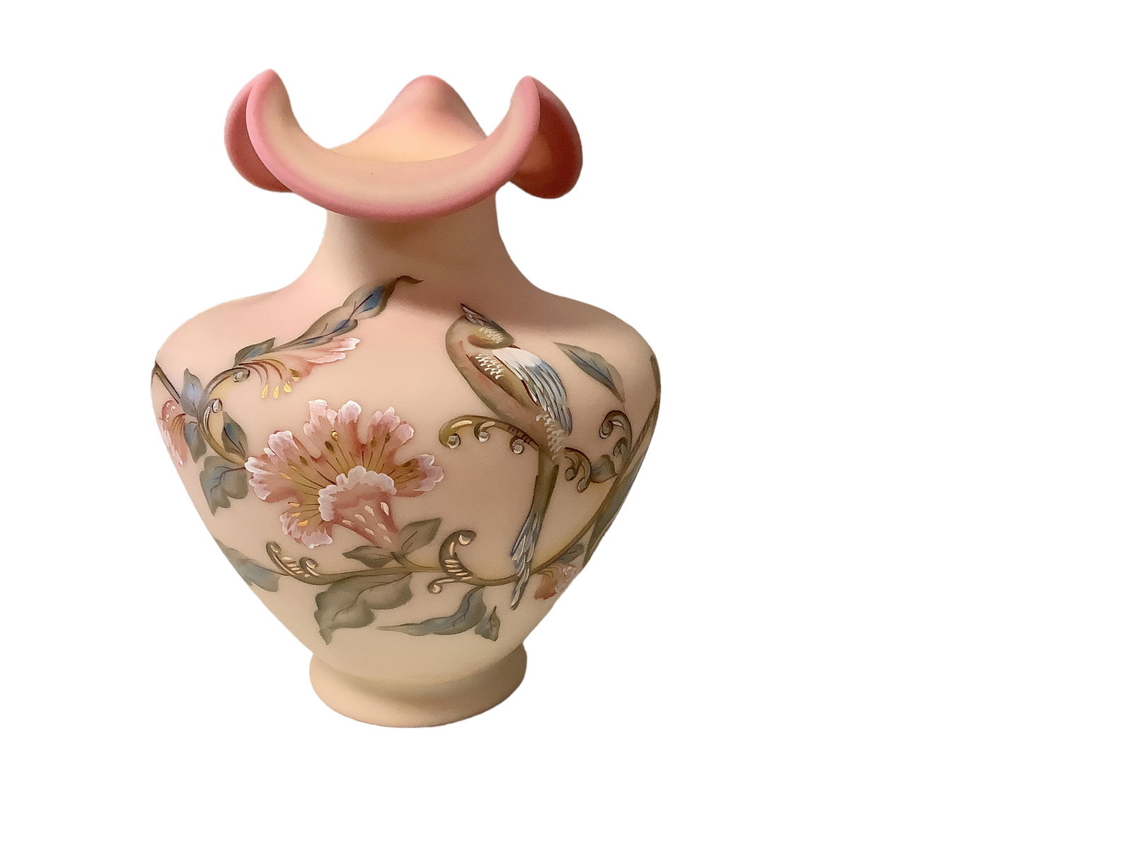 Fenton Burmese Hand Painted Bird & Floral Vase (1 of 2)