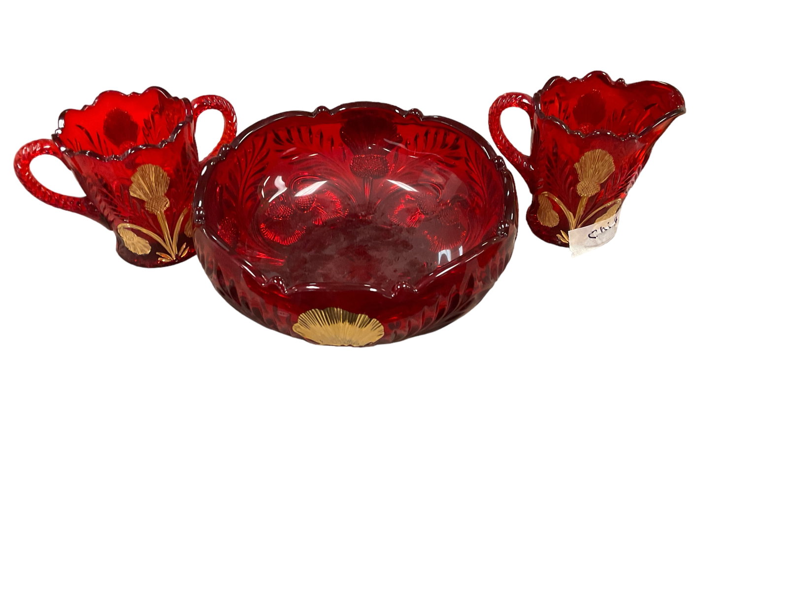 Vintage Mosser Red: Vintage Mosser Red Inverted Thistle Red Glass Gold Accents. Bowl 3 3/4 H diameter 7.5î. Creamer and sugar bowl 4.5î H. Creamer has a chip on bottom