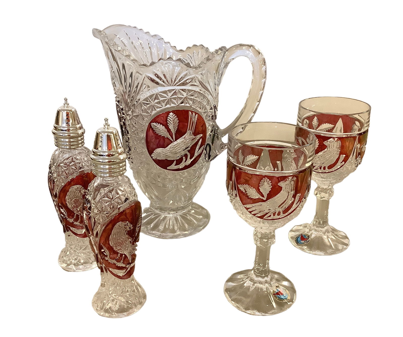 Hofbauer 24% Lead Crystal Song Byrde Water Pitcher and Goblets with Pedestal Salt and Peppers (1 of 1)