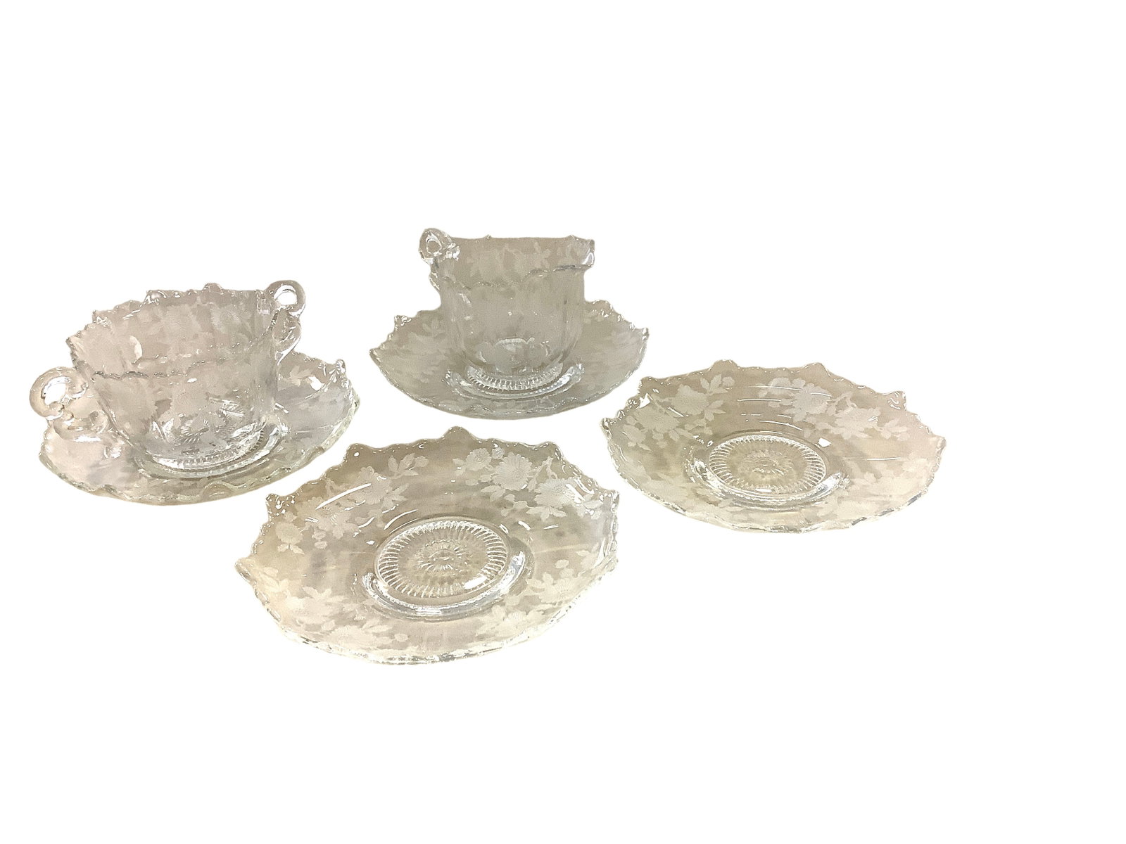 Cambridge: Cambridge Lot of 6. Includes four 5.5î saucers and a cream and sugar, all with Blossom Time etch.