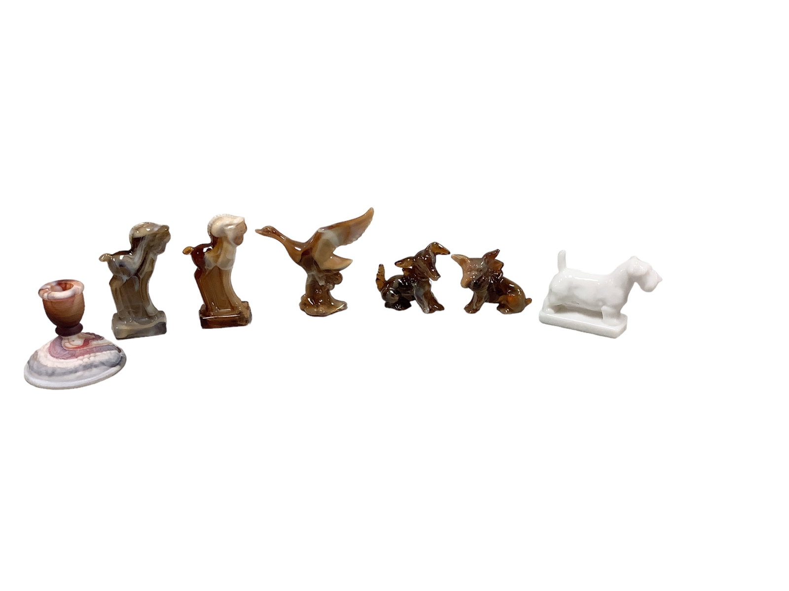 Heisey Colts, Heisey Mallard, Heisey Scottie, Bulldog, Scottie and Candlestick: Heisey Colts, Heisey Mallard, Heisey Scottie, Bulldog, Scottie and Candlestick Lot of 7 Items including (2) Heisey by Imperial Caramel Slag Standing Colts, a Heisey by Imperial Wings Halfway Carmel Sl