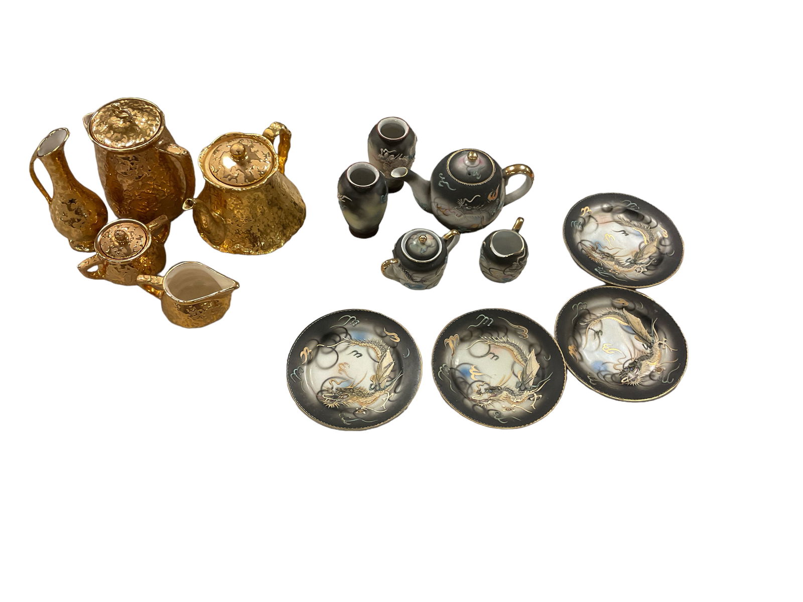 24K gold finished Tea Set with Vase gold worn in spots. Japan made Tea Set with (2) vases and (4) (1 of 3)