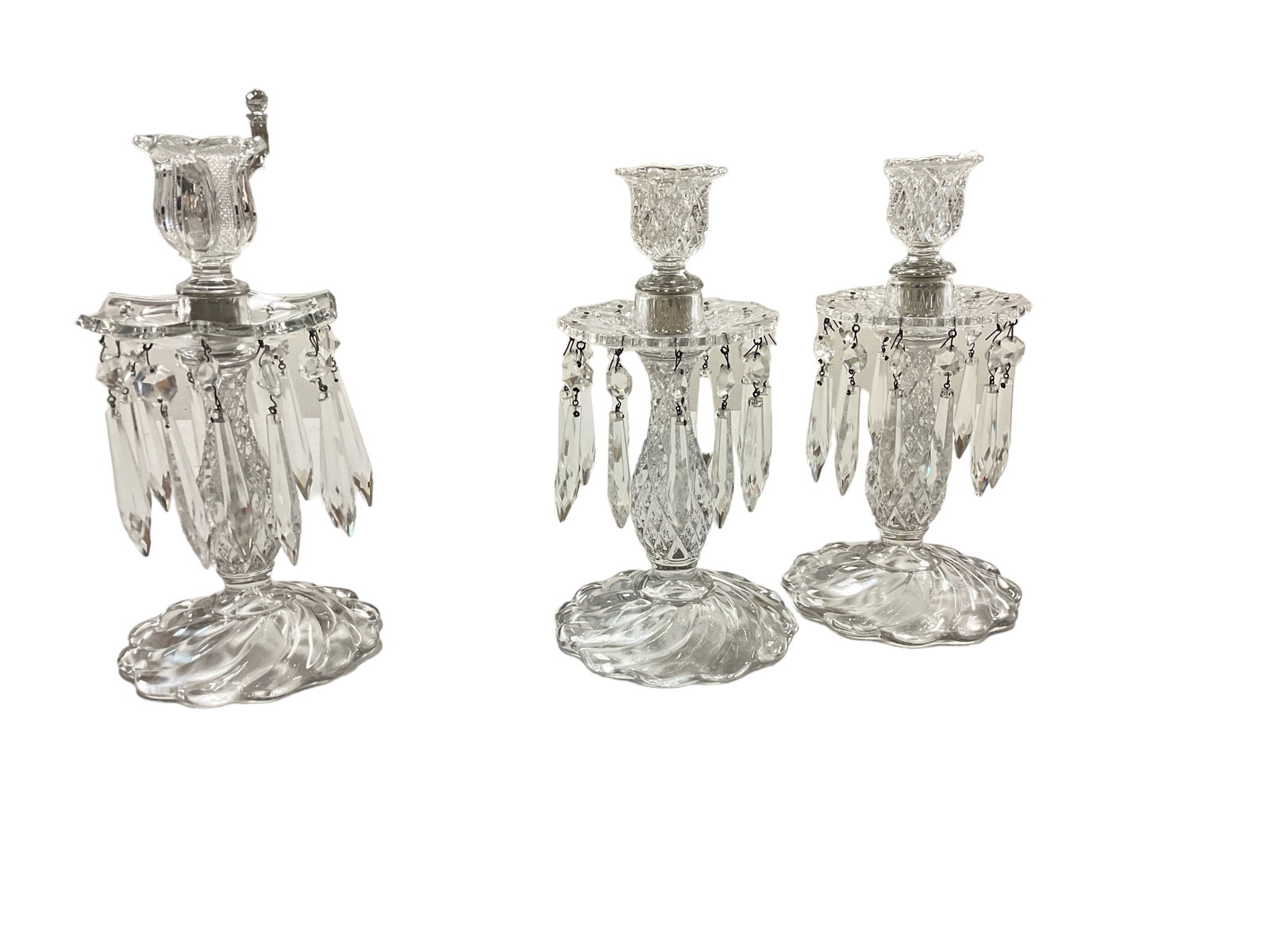 Candelabrums: Candelabrums Mix and Match pair of Duncan Miller American Sandwich Candelabrum Bobeches and Heisey mixed pieces.