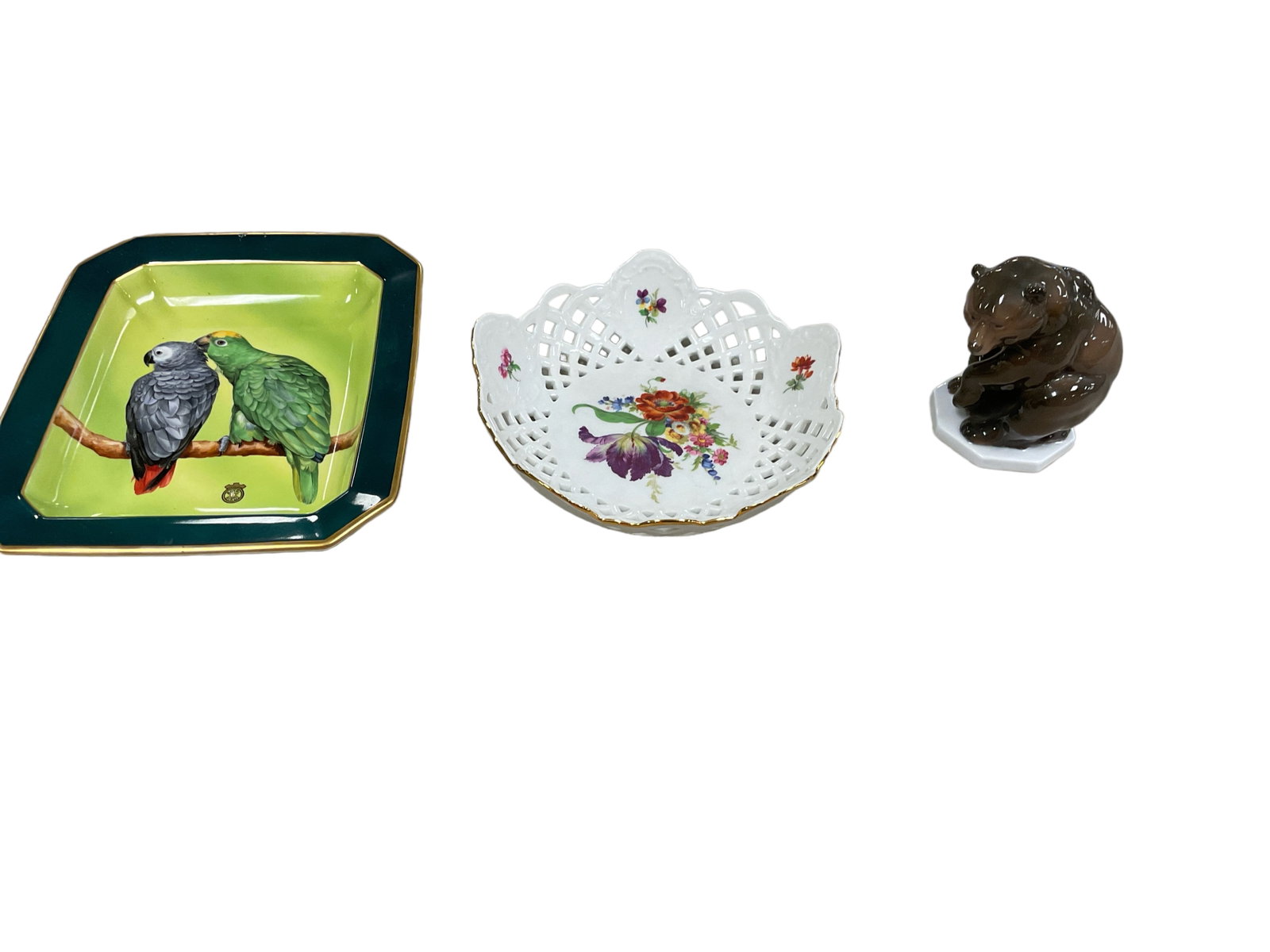 Parakeet Rectangle Bowl, Weimar Germany Porcelain Reticulated Candy Dish and Bear Figurine Rosen: Parakeet Rectangle Bowl, Weimar Germany Porcelain Reticulated Candy Dish and Bear Figurine Rosen Thale 7.5î x 9î with a little scuff Dish 7.5 Diameter 2î Deep.