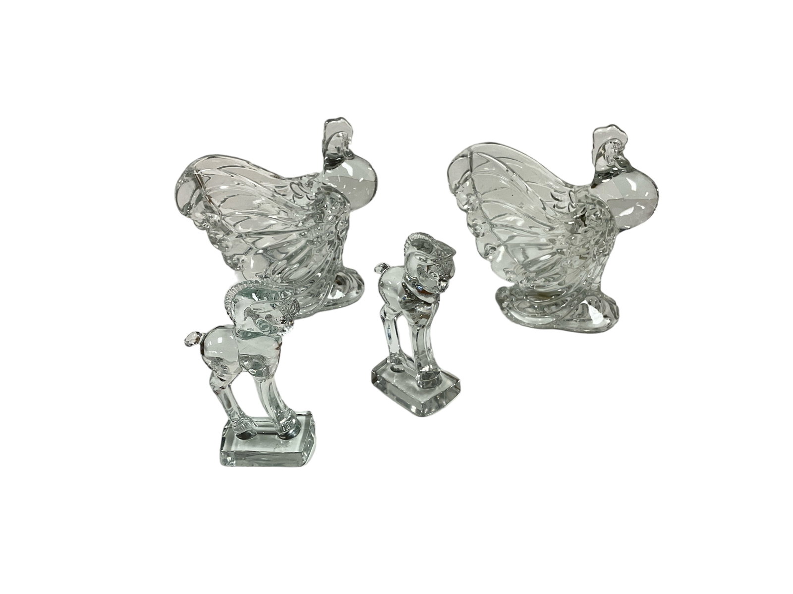 Heisey Glass: Heisey Glass (2) Clear Crystal Roosters 6.5î . (2) Standing Clear Glass Colts.5î.