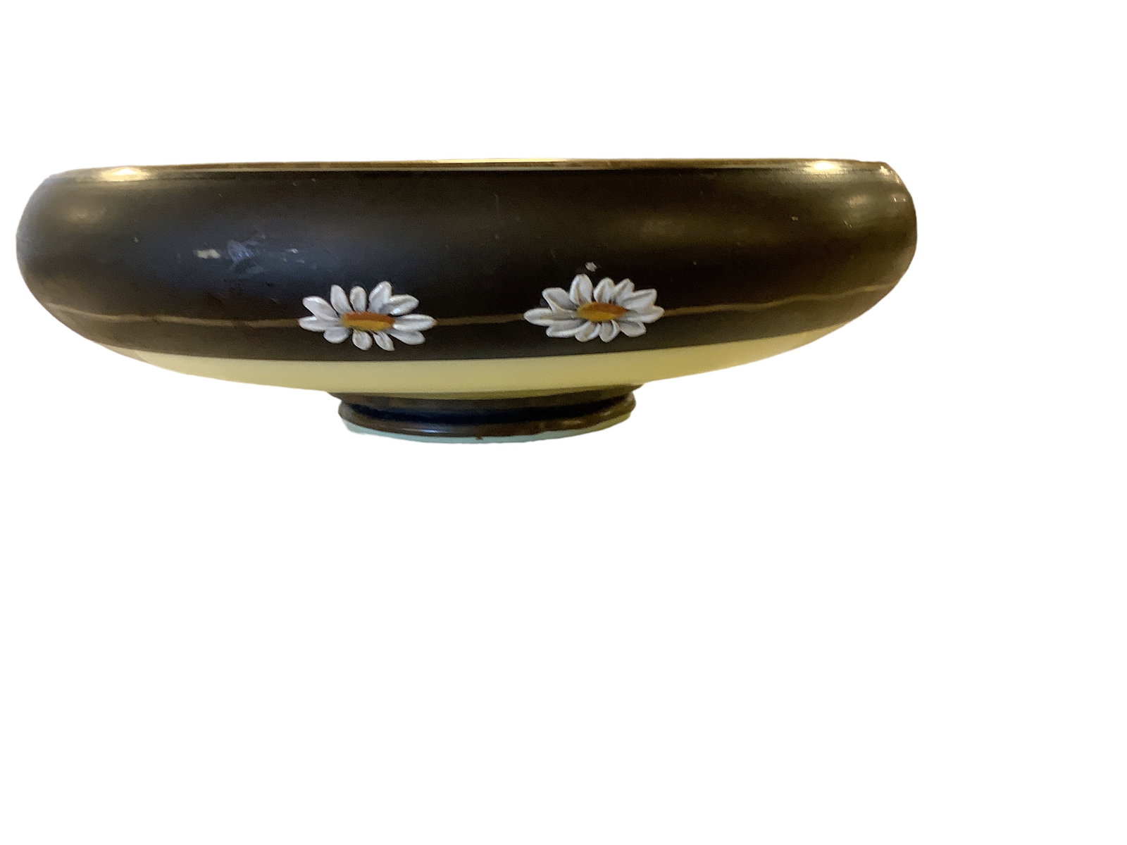 Cambridge Glass: Cambridge Glass Light Primrose 8.5î bowl with 1 3/8î matte black band on rim with white enamel daisies.