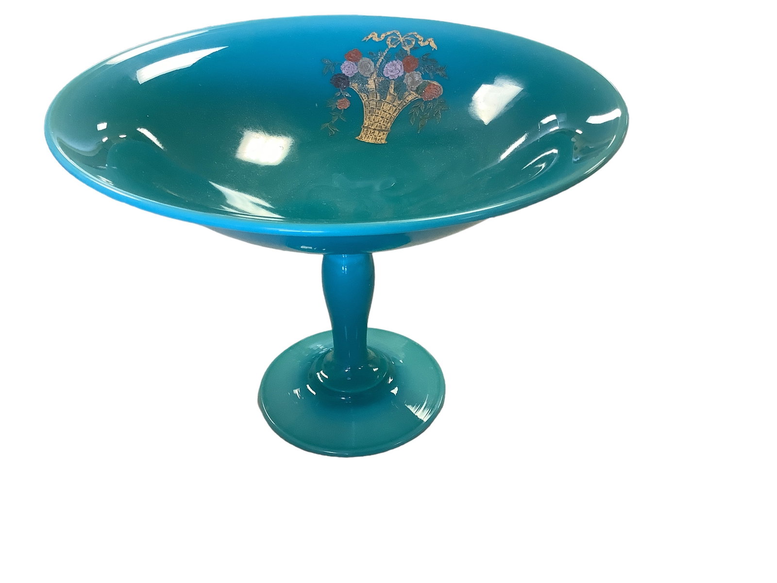 Cambridge Jade 10î Footed Comport: Cambridge Jade 10î Footed Comport with Enamel Basket and Flower Decoration