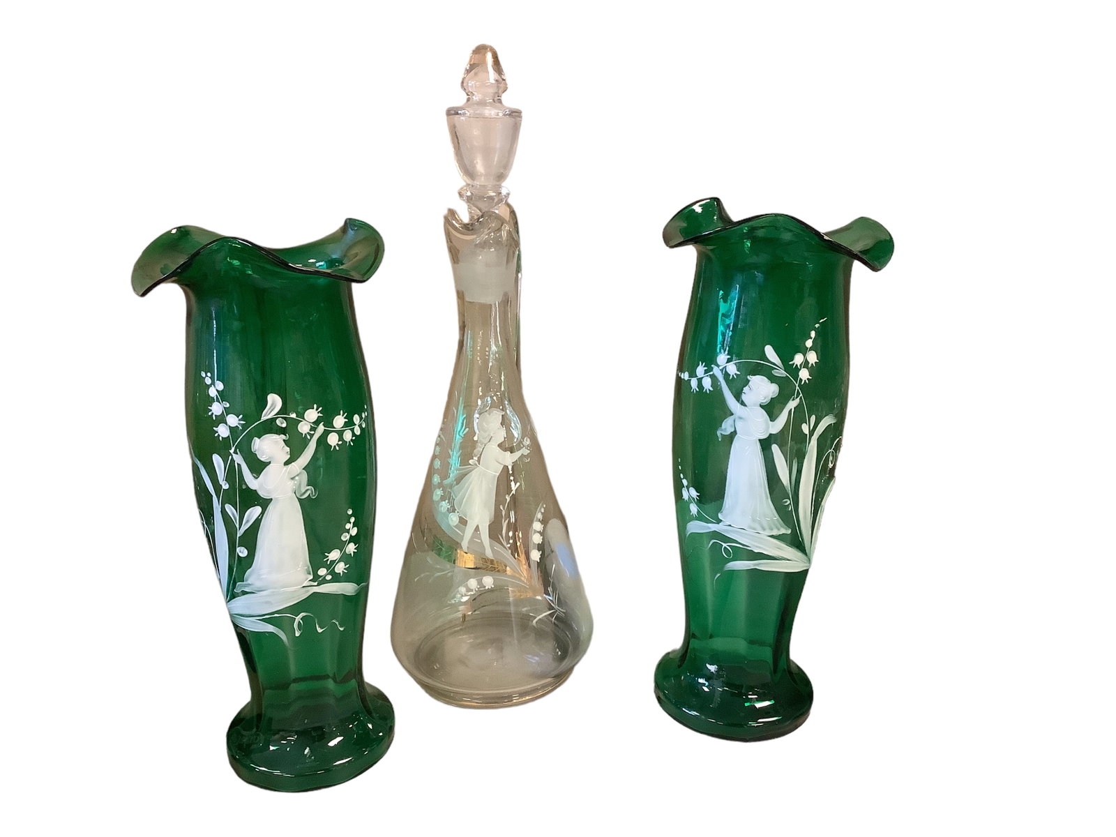 Vintage Mary Gregory Glass Pieces: Vintage Mary Gregory Glass Pieces Lot of 3. (1) clear decanter and (2) Green vases measuring 11î tall.